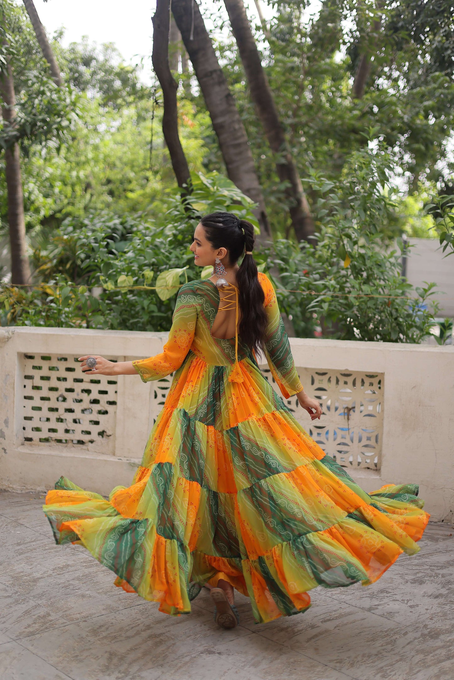 Yellow Designer Laheriya & Bandhej Print Navratri Gown with Kutchi Patch Work in Faux Georgette – Elegant Festive Wear for Women