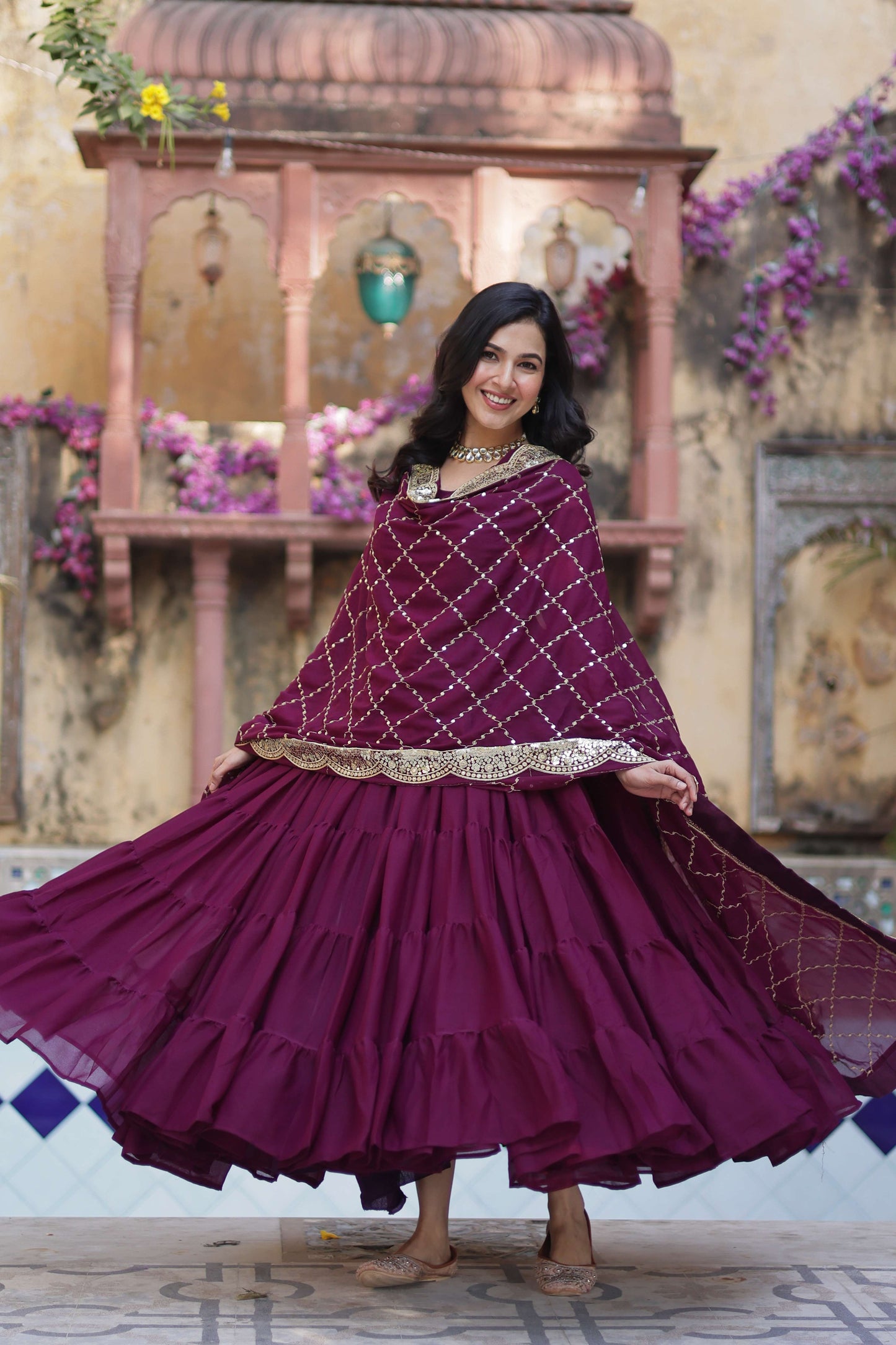 Wine Star Georgette Fully Flared Gown with Sequins Embroidered Dupatta