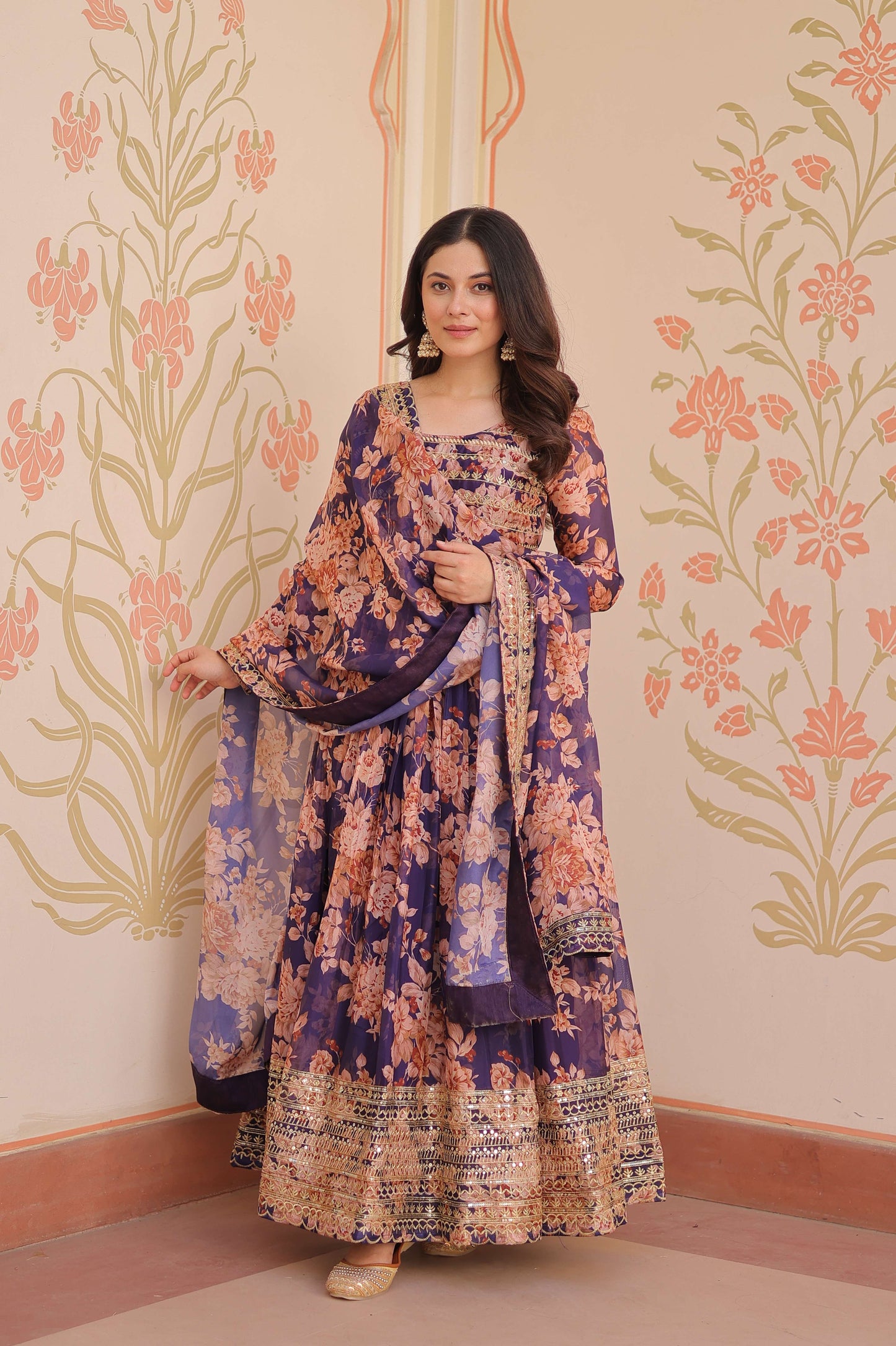 Purple Premium Russian Silk Designer Gown with Sequins Embroidered Dupatta – Partywear