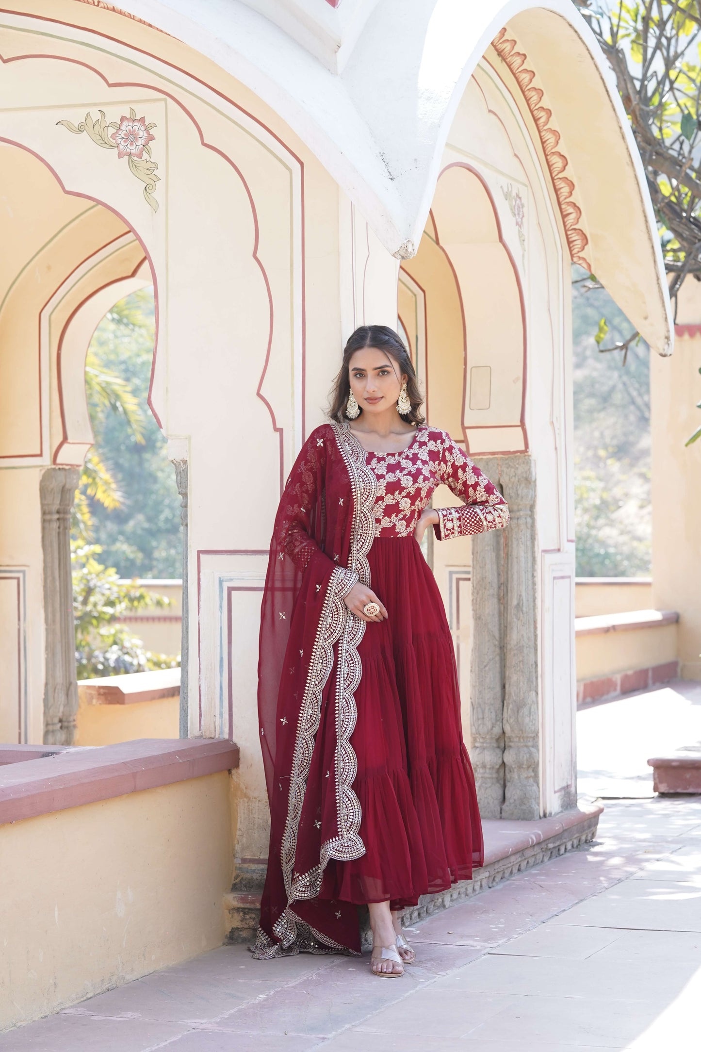 Maroon Faux Blooming Designer Gown with Sequined Dupatta Fully Flared Elegant Ready-to-Wear Set