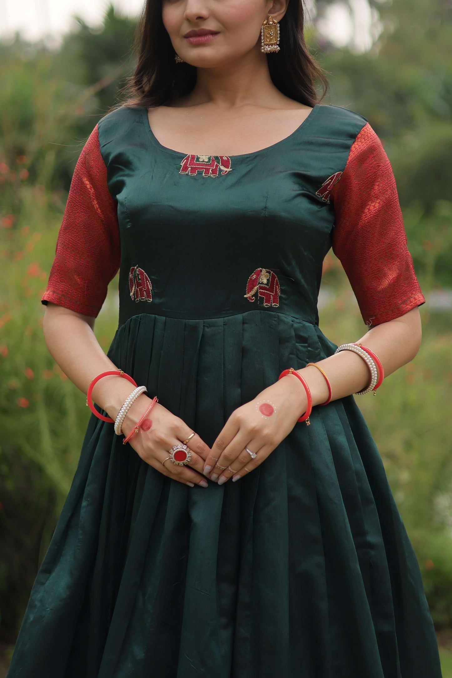 Green Banarasi Jacquard Silk Gown Elegant Free-Size Designer Party & Wedding Wear