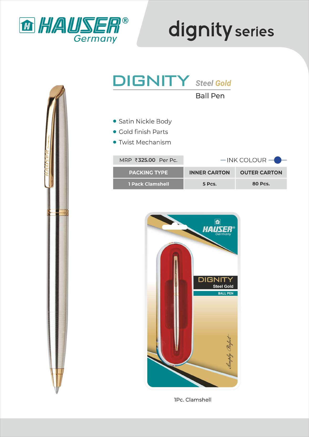 DIGNITY Steel Gold Ball Pen- Pack of 100