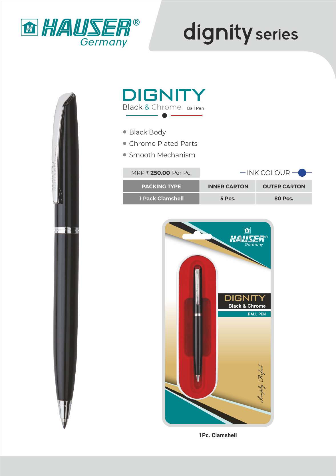 DIGNITY Black & Chrome Ball Pen- Pack of 100