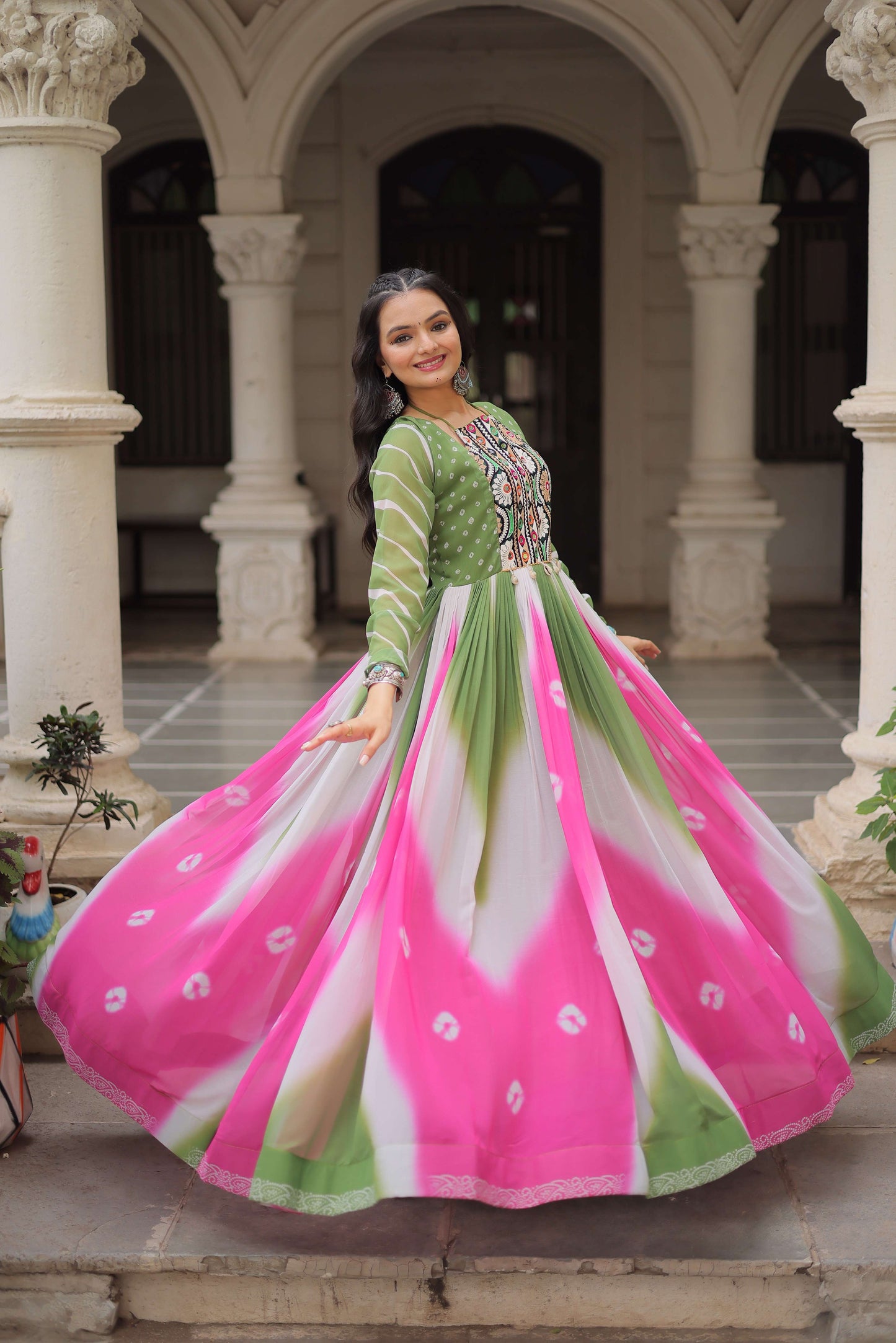 Pista Faux Georgette Bandhej Navratri Gown with Gamthi Embroidery & Mirror Work – Elegant Ethnic Wear for Women