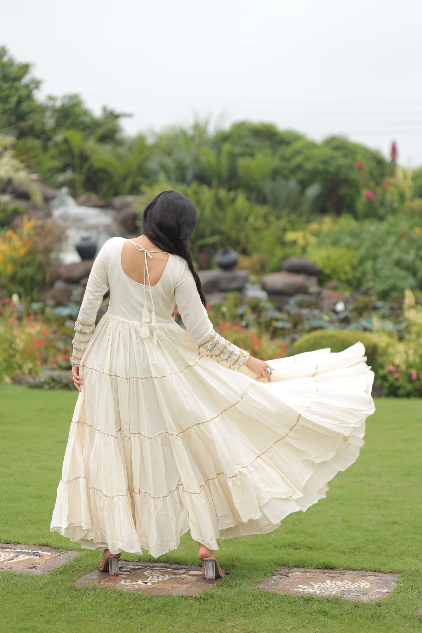 White Navratri Special Off-White Designer Gown in Kora Cotton with Multi-Thread & Gota Patti Work