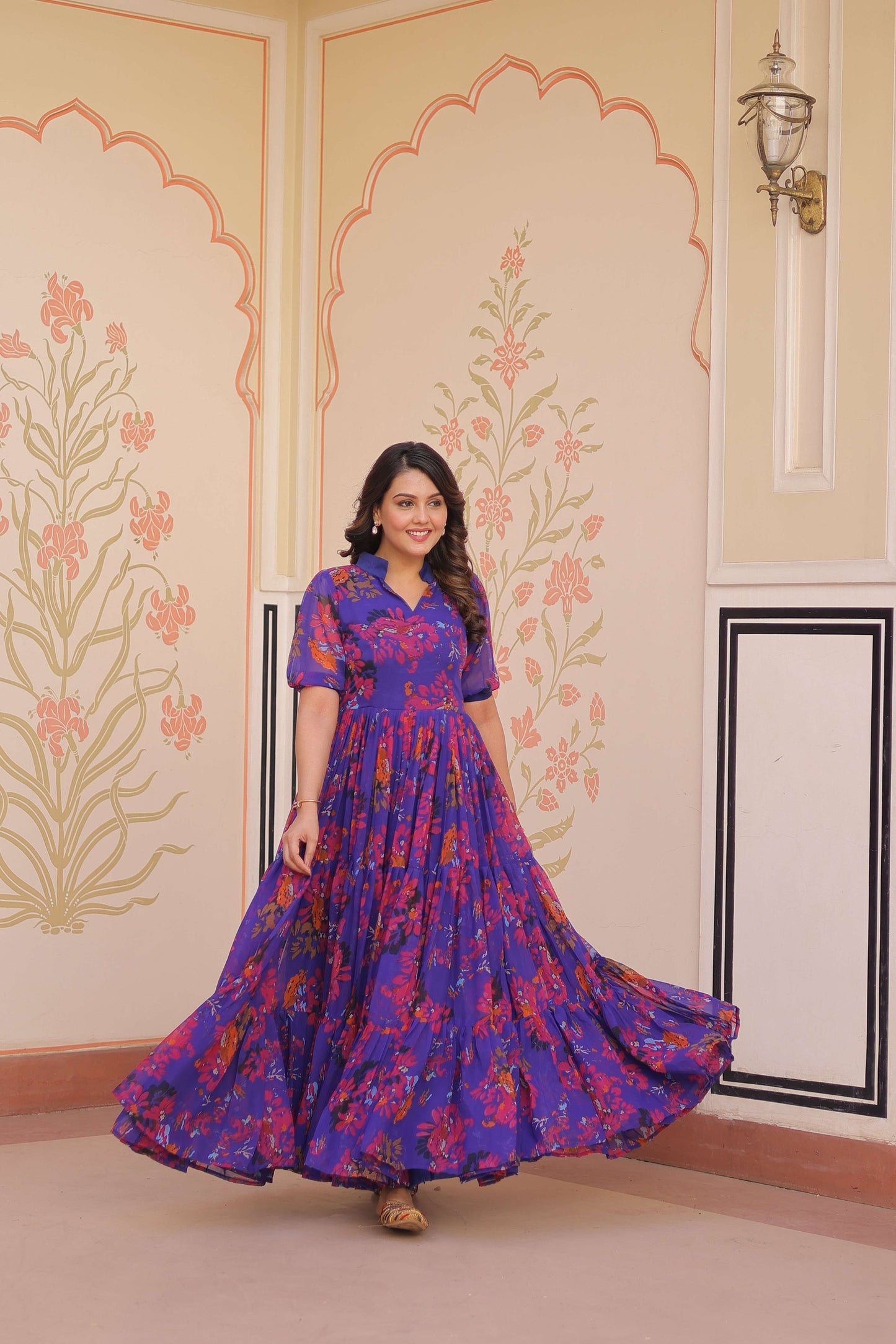 Purple Premium Faux Georgette Printed Full Flair Gown – Collection