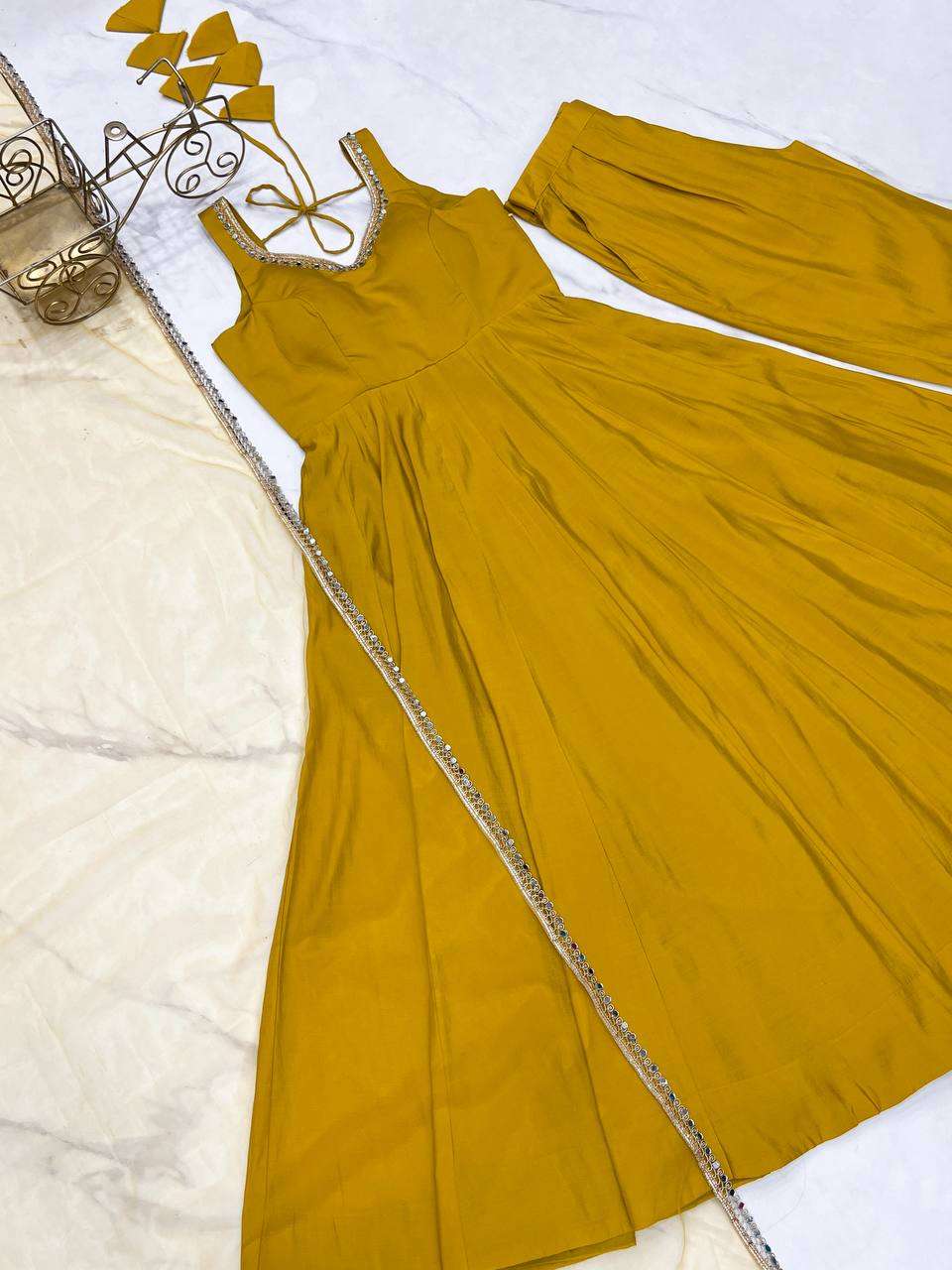 Womens Pure Romansilk Chanderi Anarkali Kurti with Pant & Dupatta Set