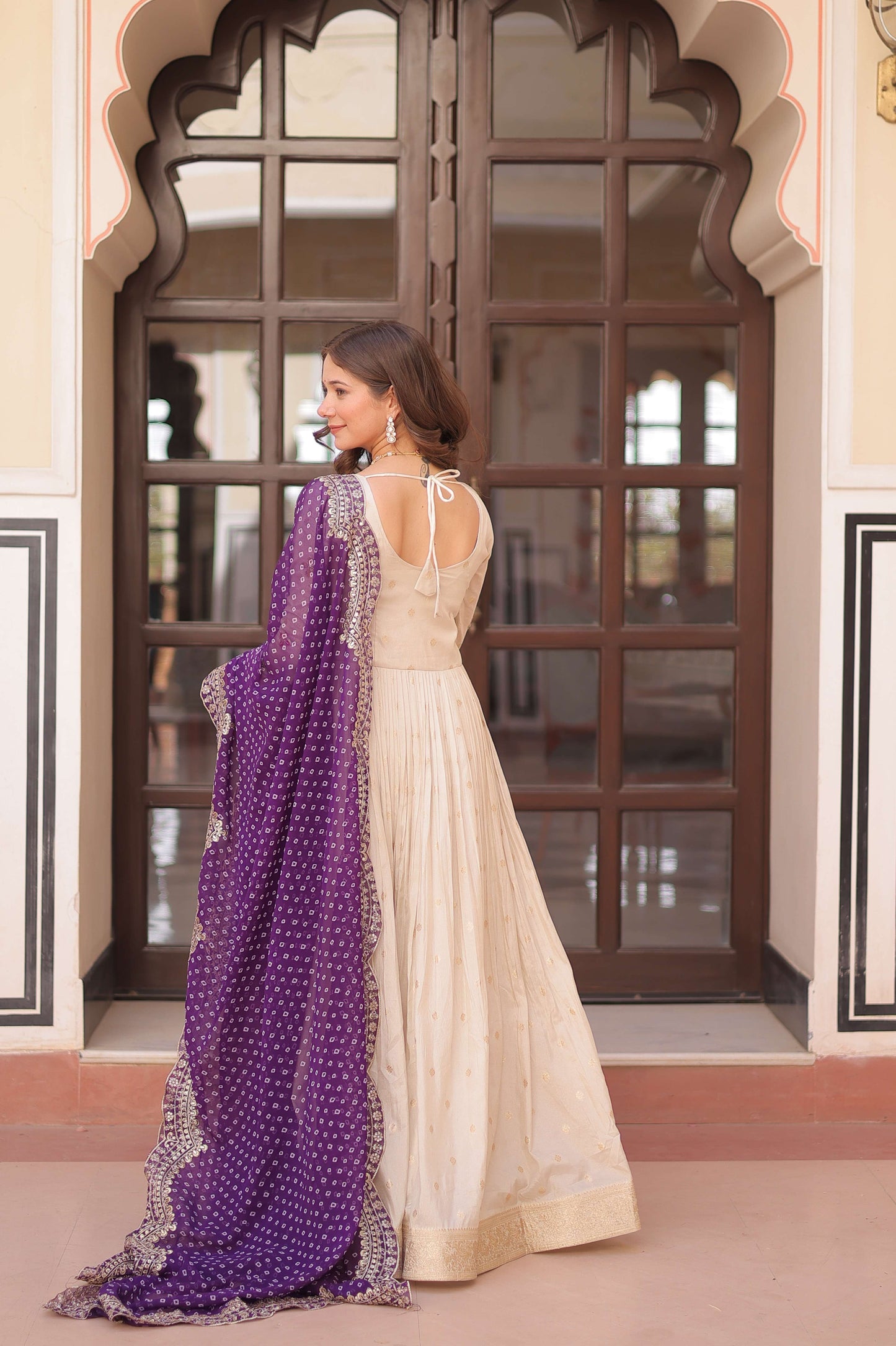 Purple Premium Cosmos Jequard Gown with Bandhani Printed Embroidered Dupatta – Collection