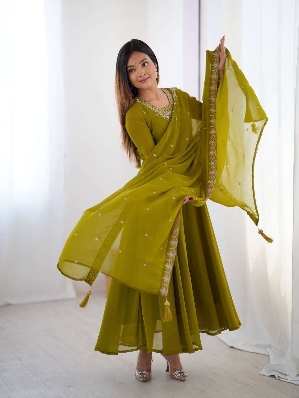 Womens Crunchy Silk Anarkali Kurti with Pant & Dupatta Set