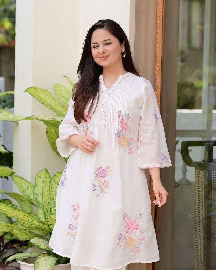 Women's Cotton Embroidery A-Line Kurti With Pant Set