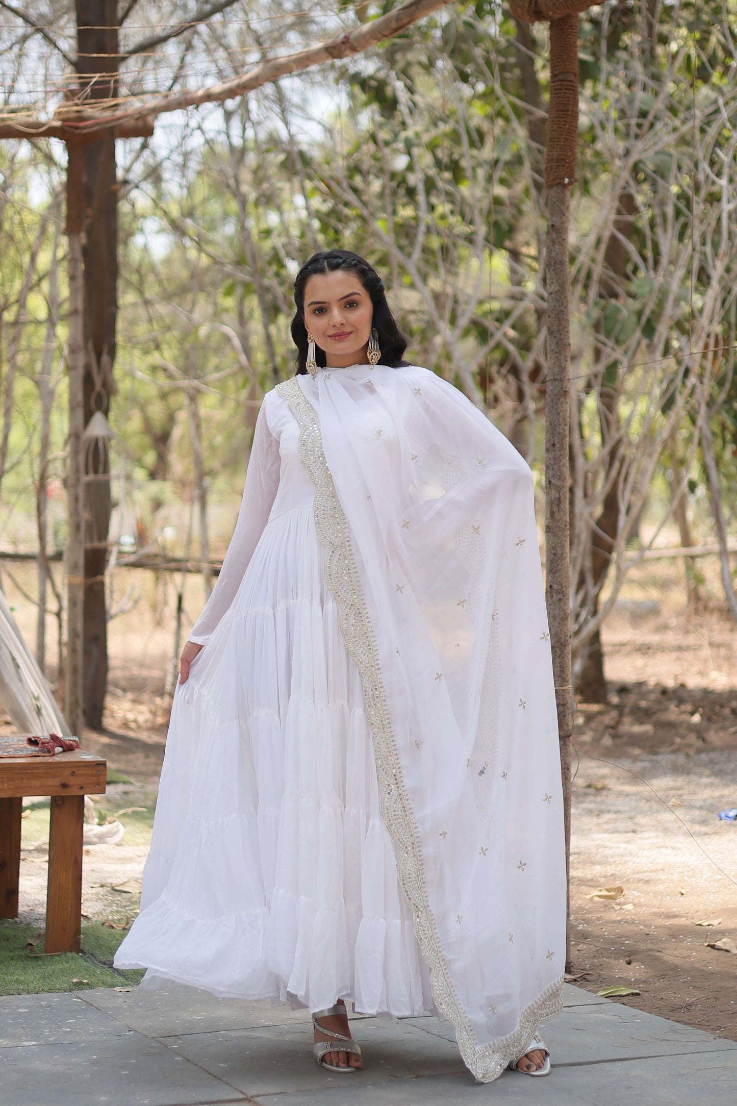 White Premium Faux Georgette Designer Gown with Sequined Dupatta Fully Flaired Ready-to-Wear Set