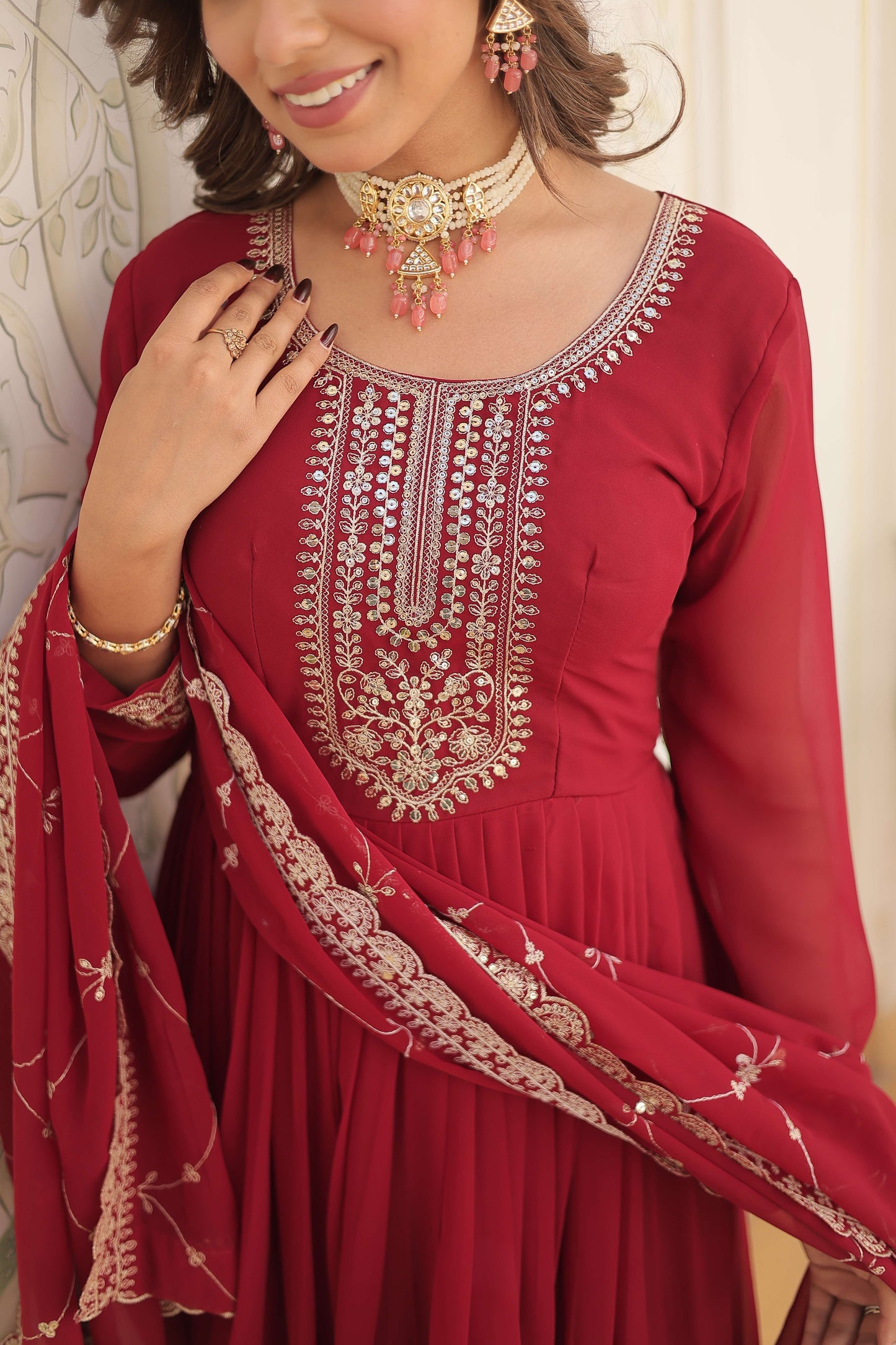 Maroon Faux Blooming Sequins Embroidered Gown with Matching Dupatta Festive & Party Wear 2024