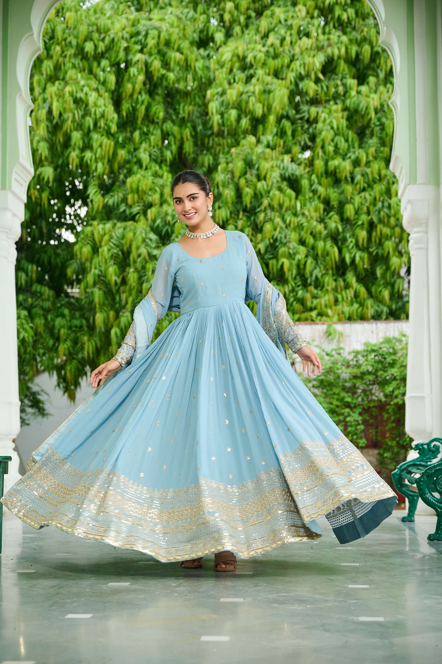 SKY Designer Faux Georgette Gown with Dupatta – Embroidered & Sequins Work Ethnic Set for Women