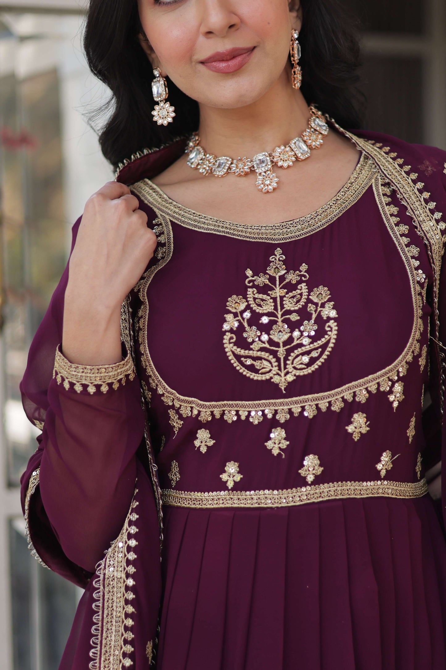 Wine Faux Blooming Georgette Sequins Embroidered Gown with Matching Dupatta