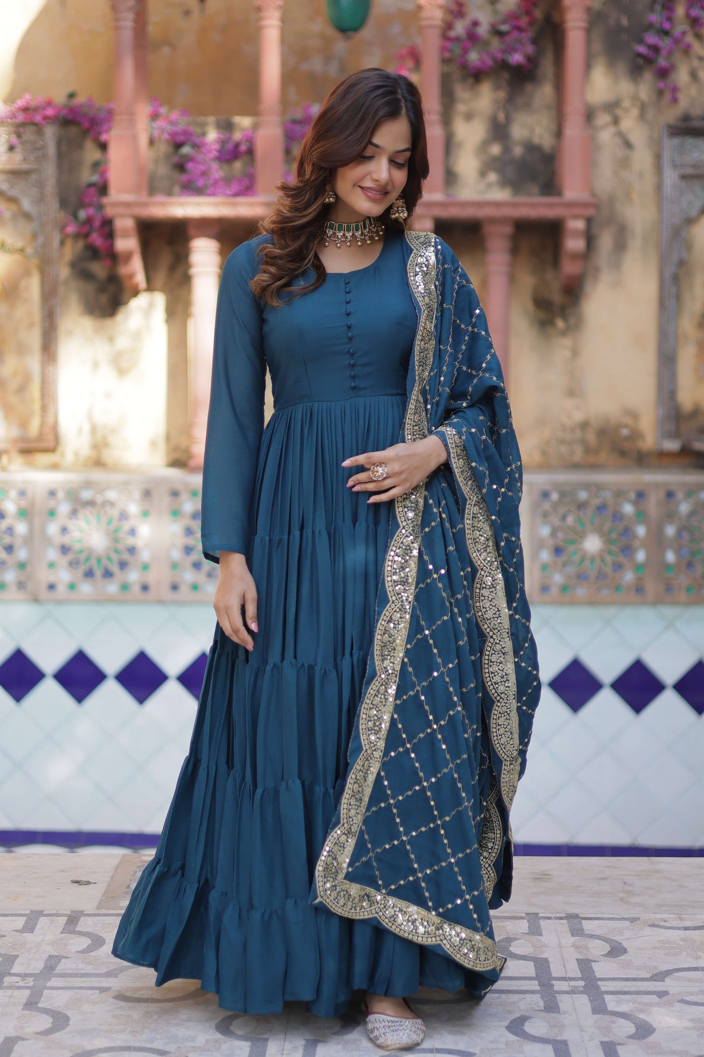 Rama Star Georgette Fully Flared Gown with Sequins Embroidered Dupatta