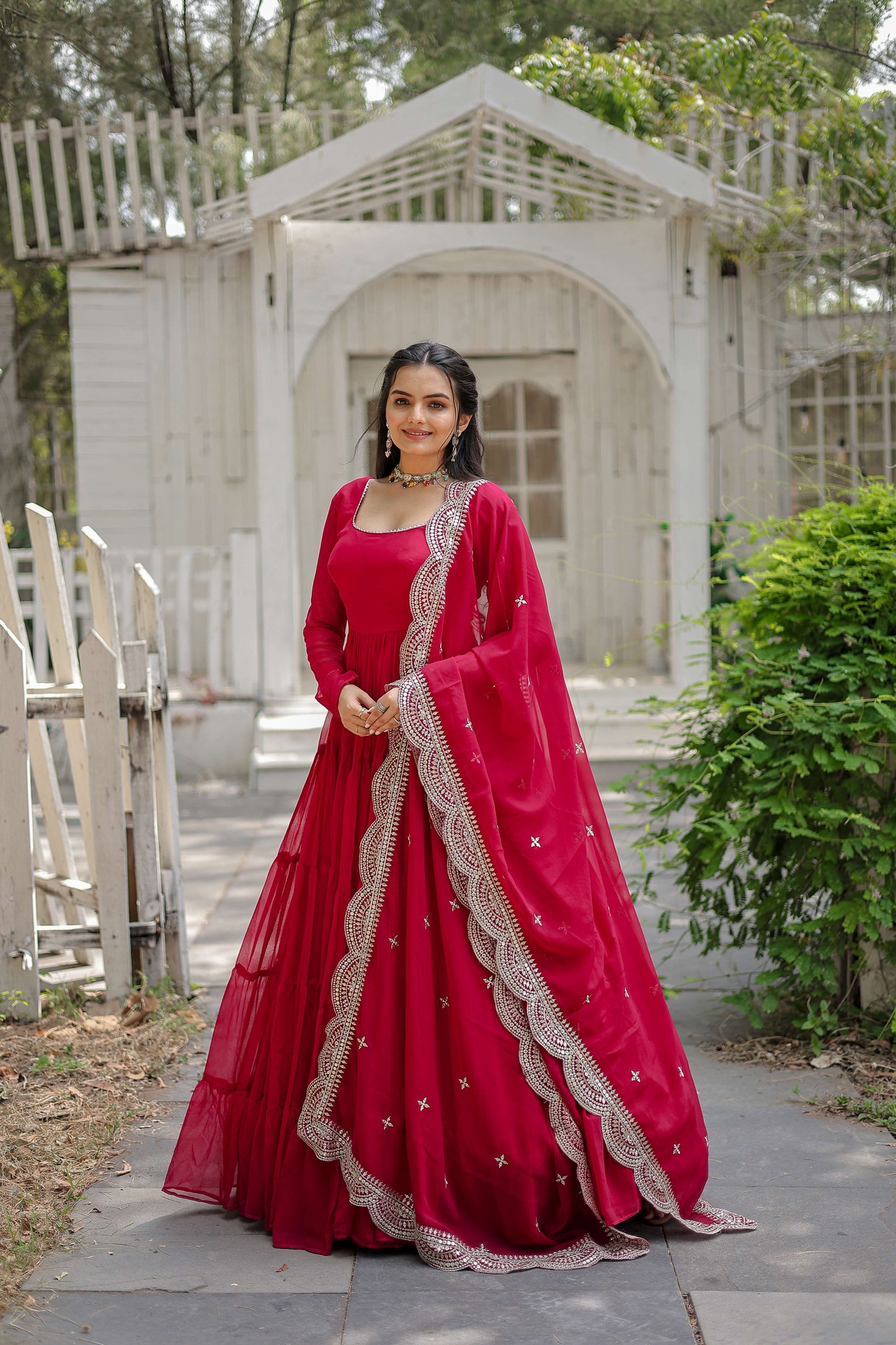 Pink Premium Faux Georgette Designer Gown with Sequined Dupatta Fully Flaired Ready-to-Wear Set