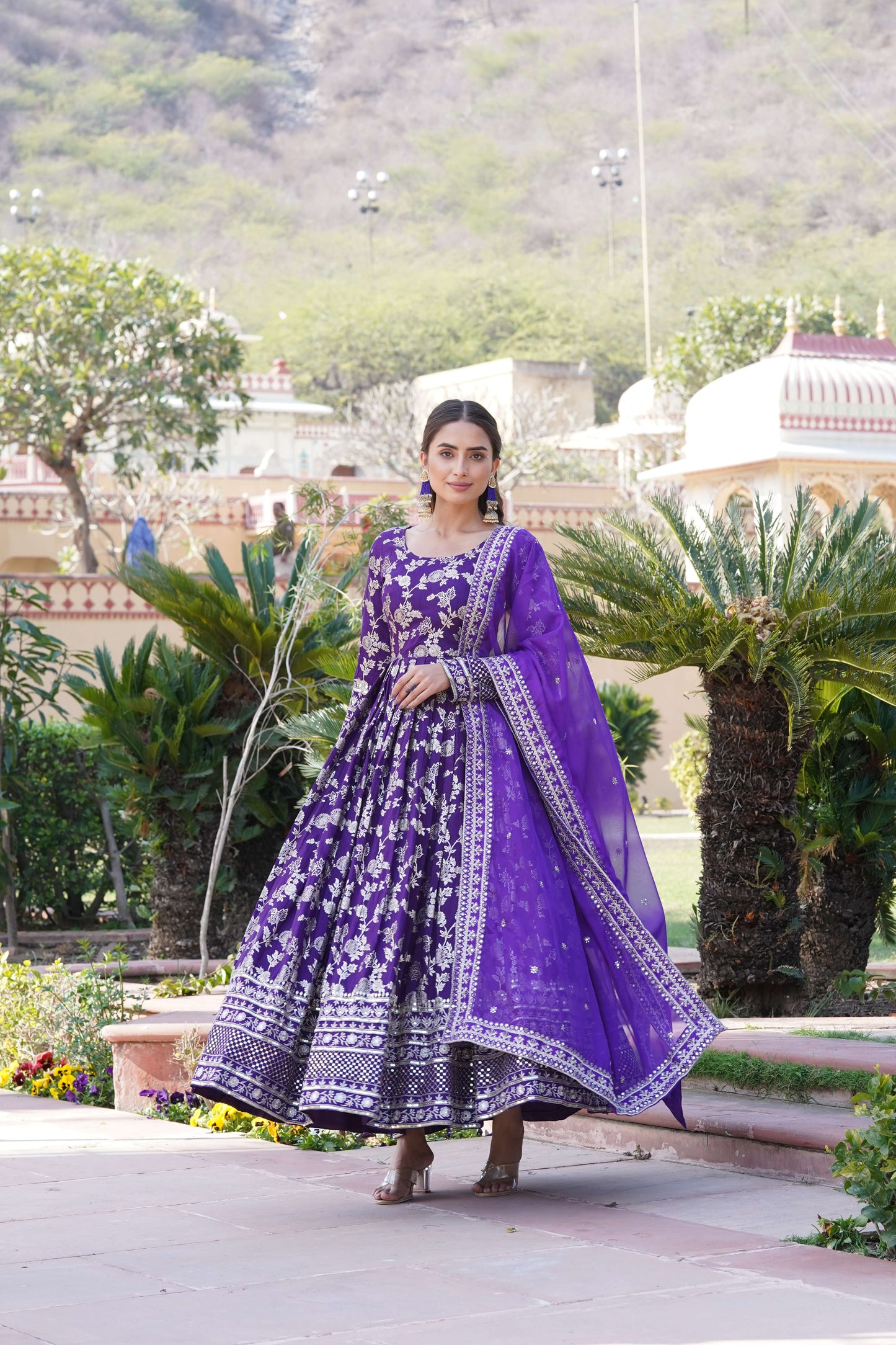 Purple Viscose Dyable Jacquard Gown with Russian Silk Sequined Dupatta Elegant Party & Wedding Set