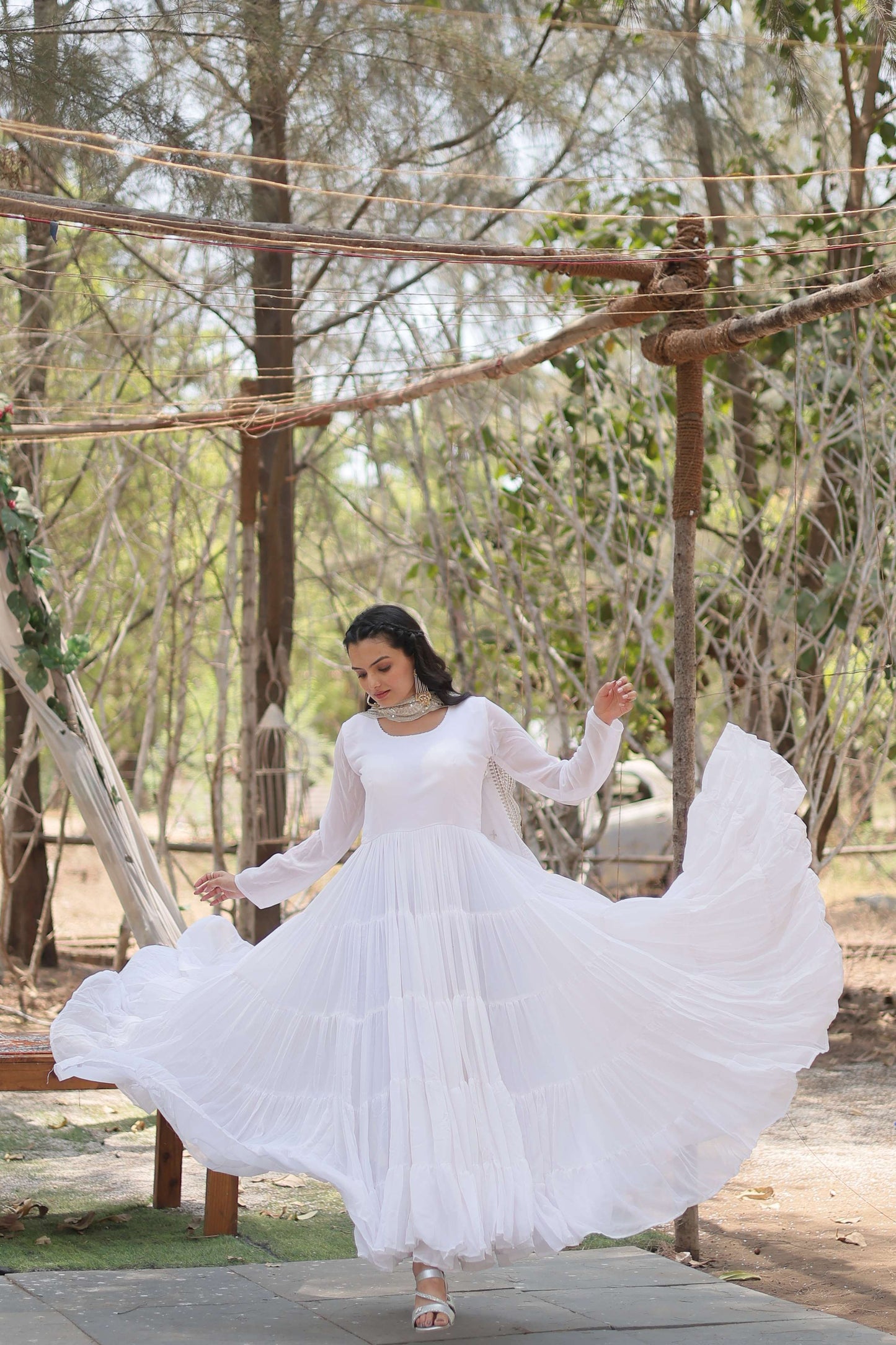 White Premium Faux Georgette Designer Gown with Sequined Dupatta  Fully Flaired Ready-to-Wear Set