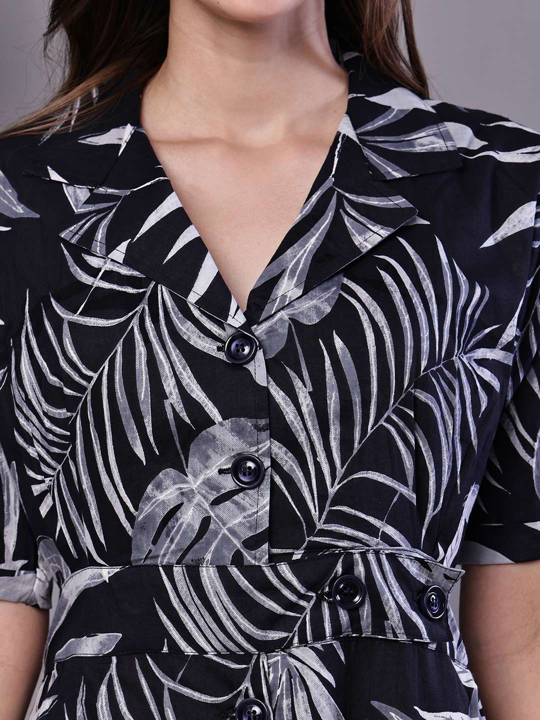 Women's Tropical Palm Print Black & White Cotton Shirt Dress