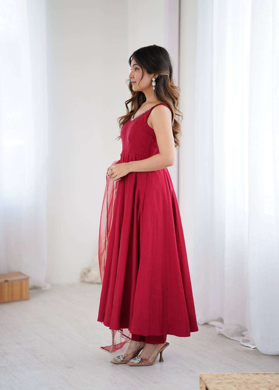 Womens Pure Romansilk Chanderi Anarkali Kurti with Pant & Dupatta Set