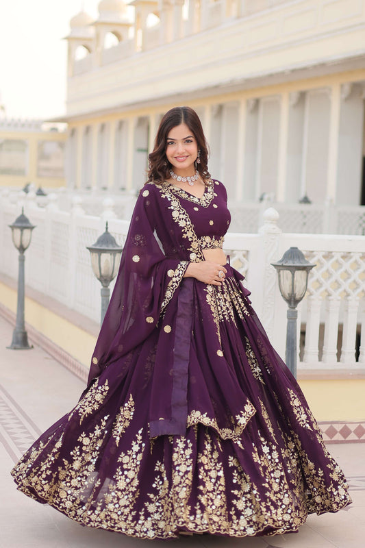 Wine Georgette Lehenga Choli with Sequins Embroidered Dupatta ?