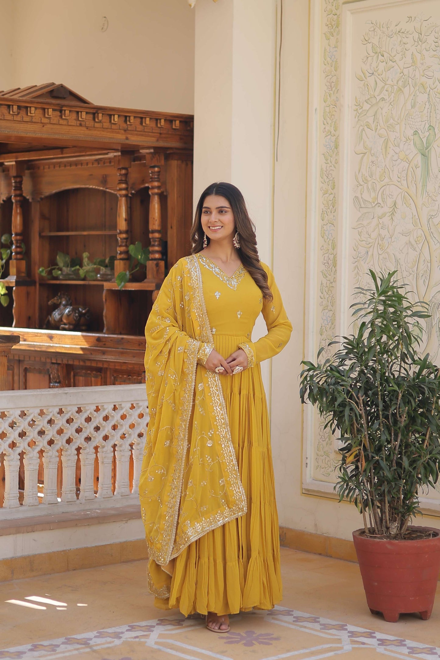 Yellow Faux Georgette Designer Gown with Sequined Dupatta  Fully Flared Elegant Party & Wedding Set