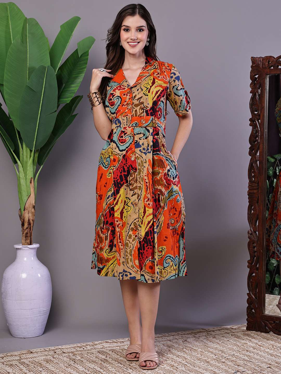Women's Bohemian Chic Multi-Color Paisley Print Cotton Collared Midi Dress