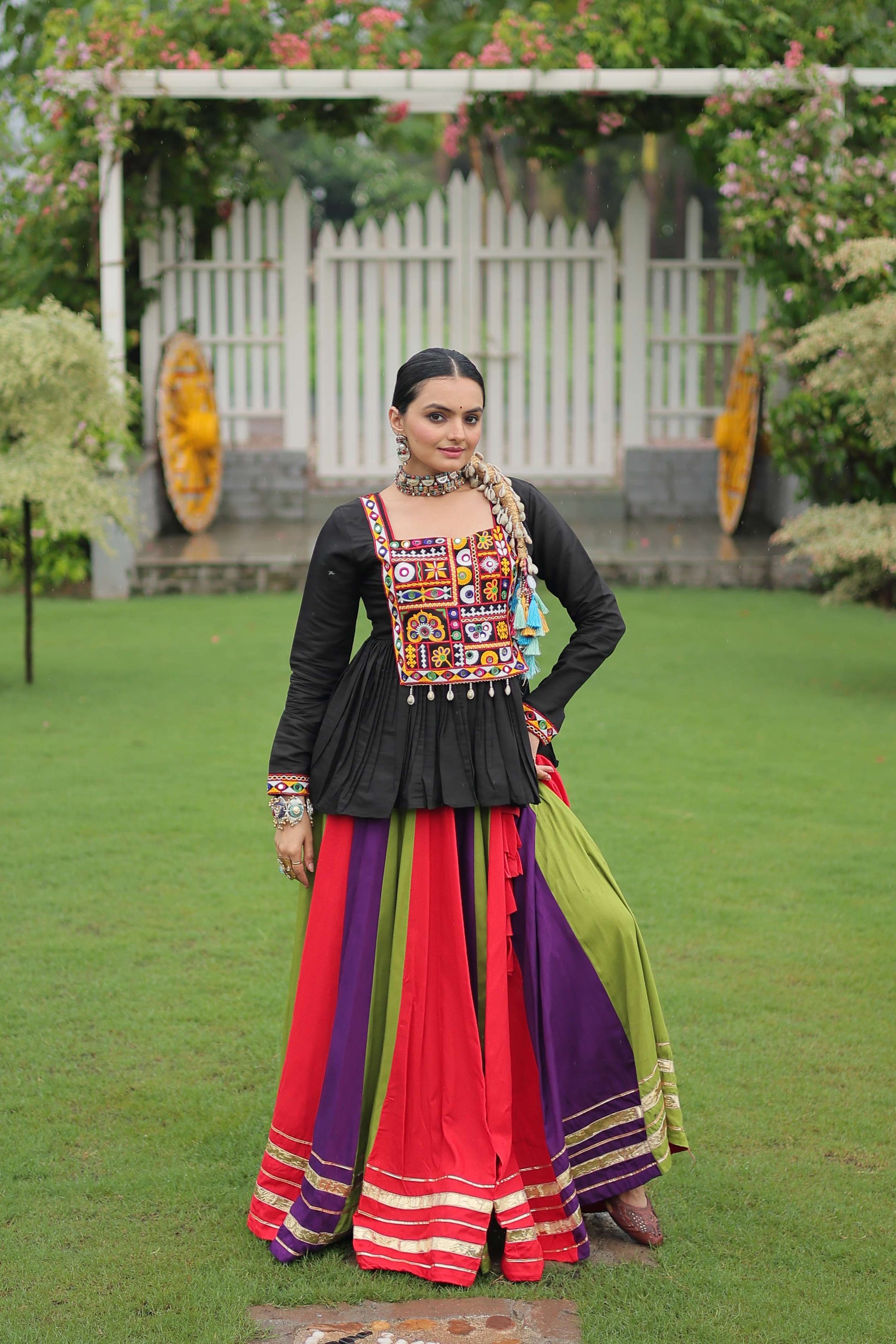 Multicolor Navratri Lehenga Choli Set with Black Peplum Top