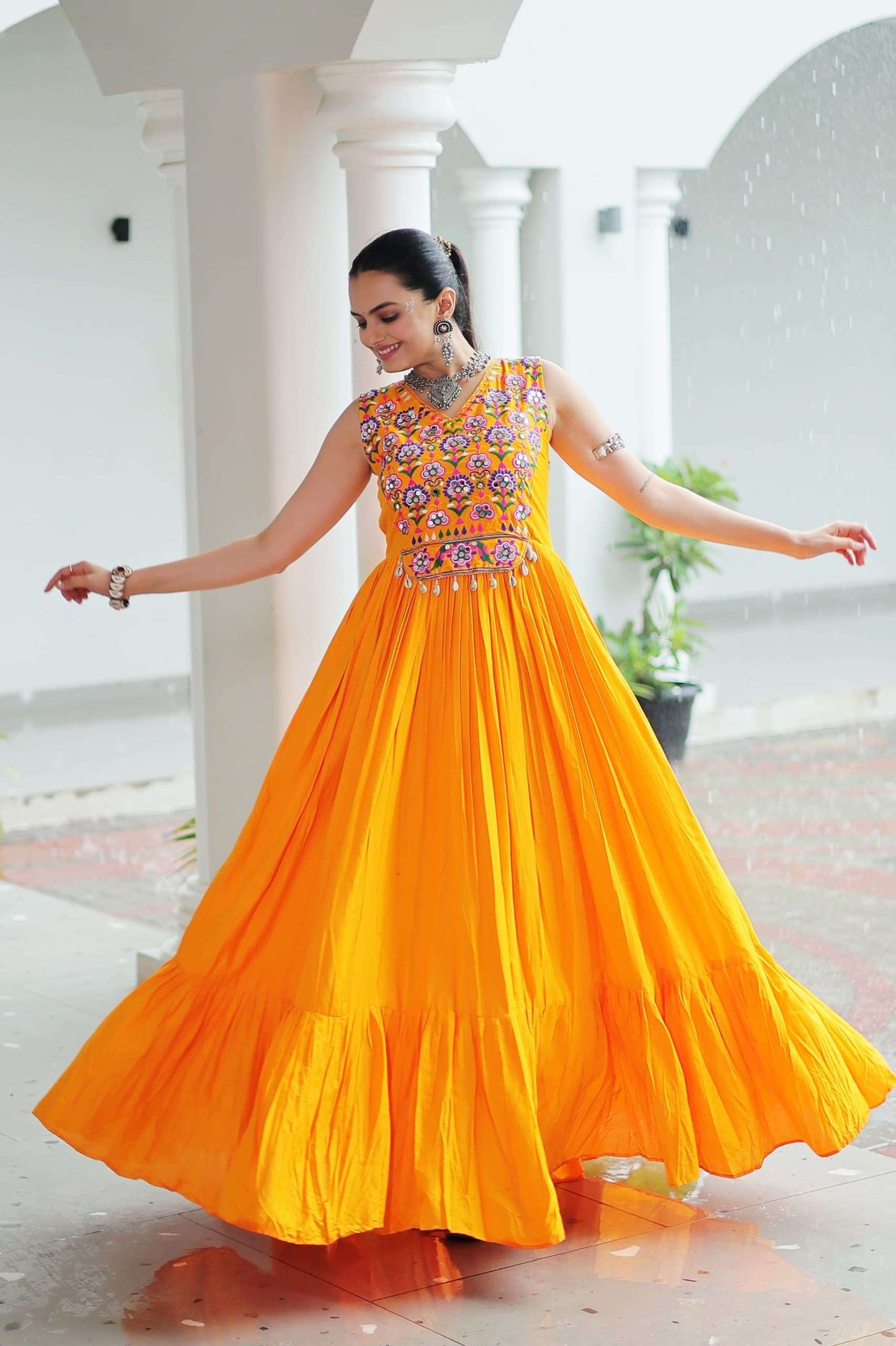 Yellow Elegant Kutchi Embroidered Frill Gown – Perfect for Navratri Celebrations