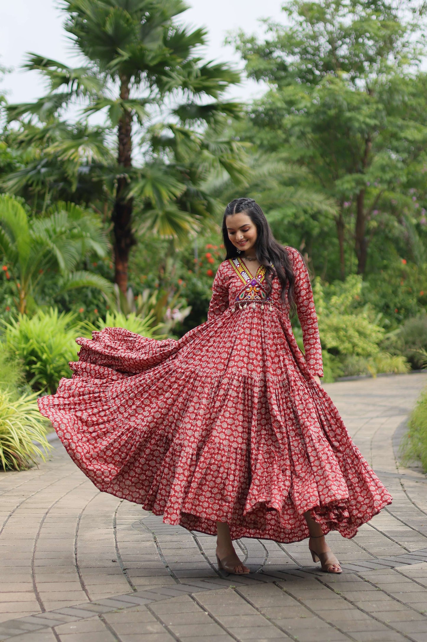 Maroon Designer Printed Cotton Gown with Kutchi Gamthi Lace & Kodi Work