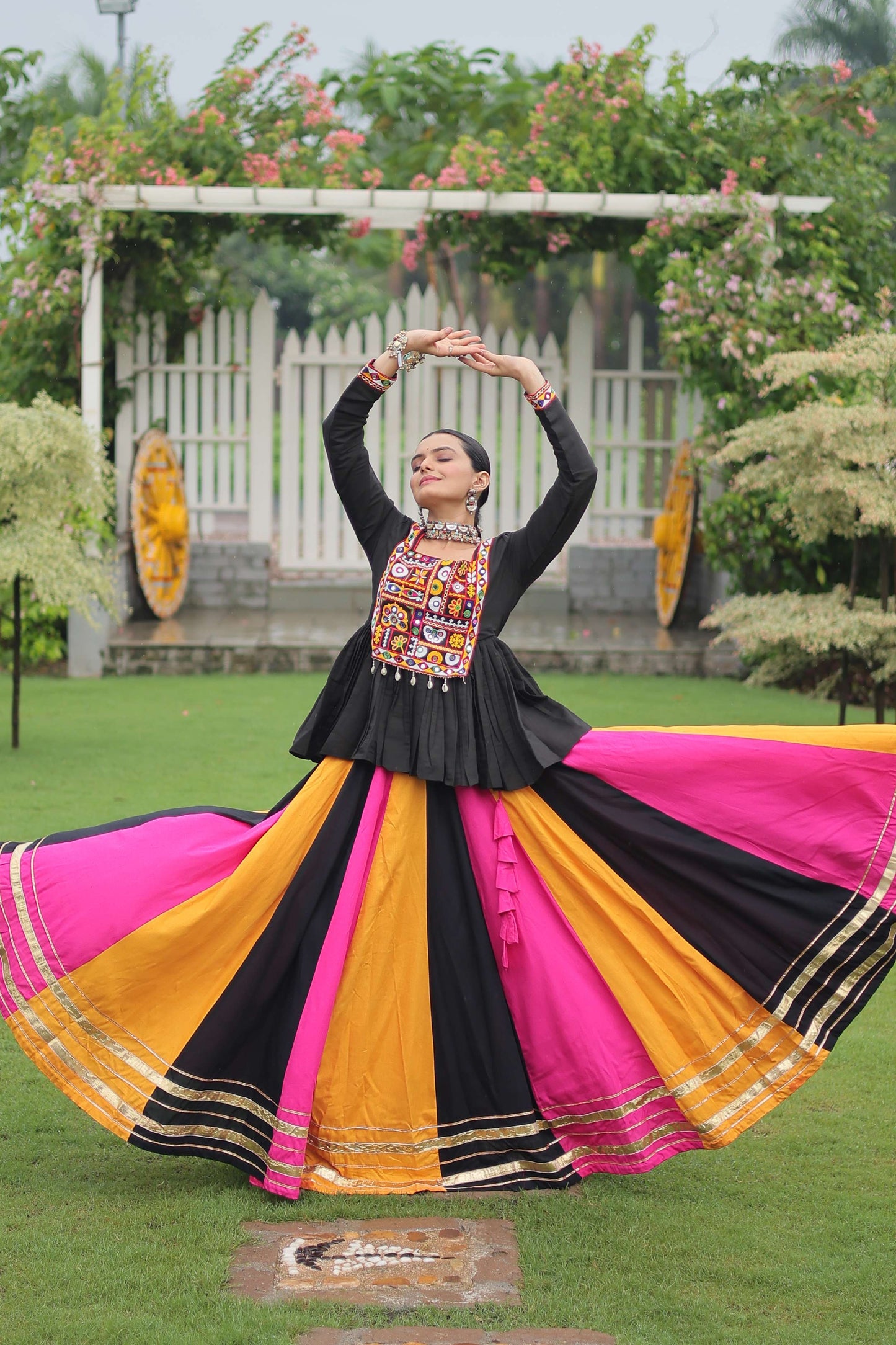 Multicolor Navratri Lehenga Choli Set with Black Peplum Top