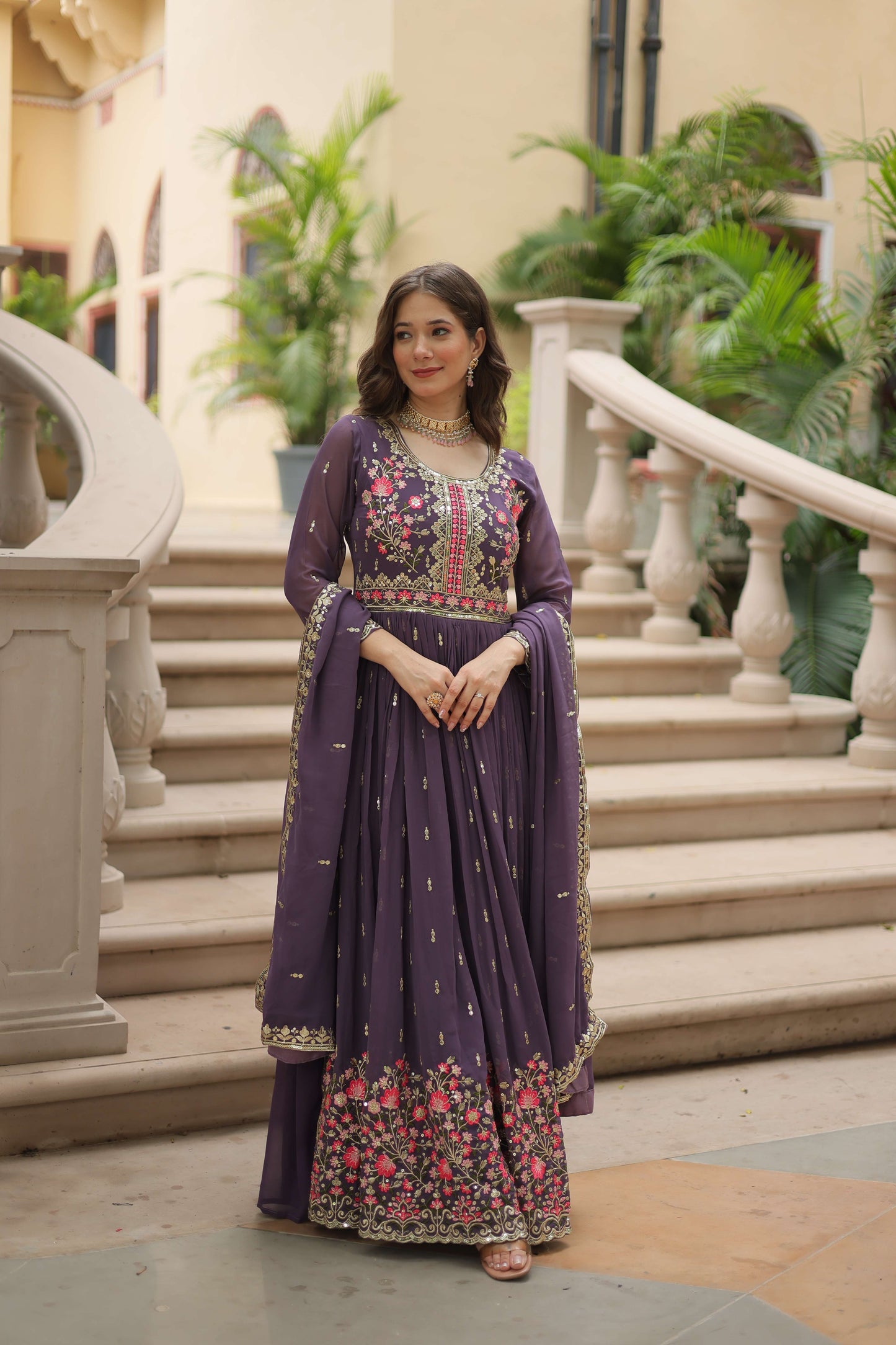 Onion Faux Georgette Sequins Embroidered Kurti with Sharara & Dupatta Set
