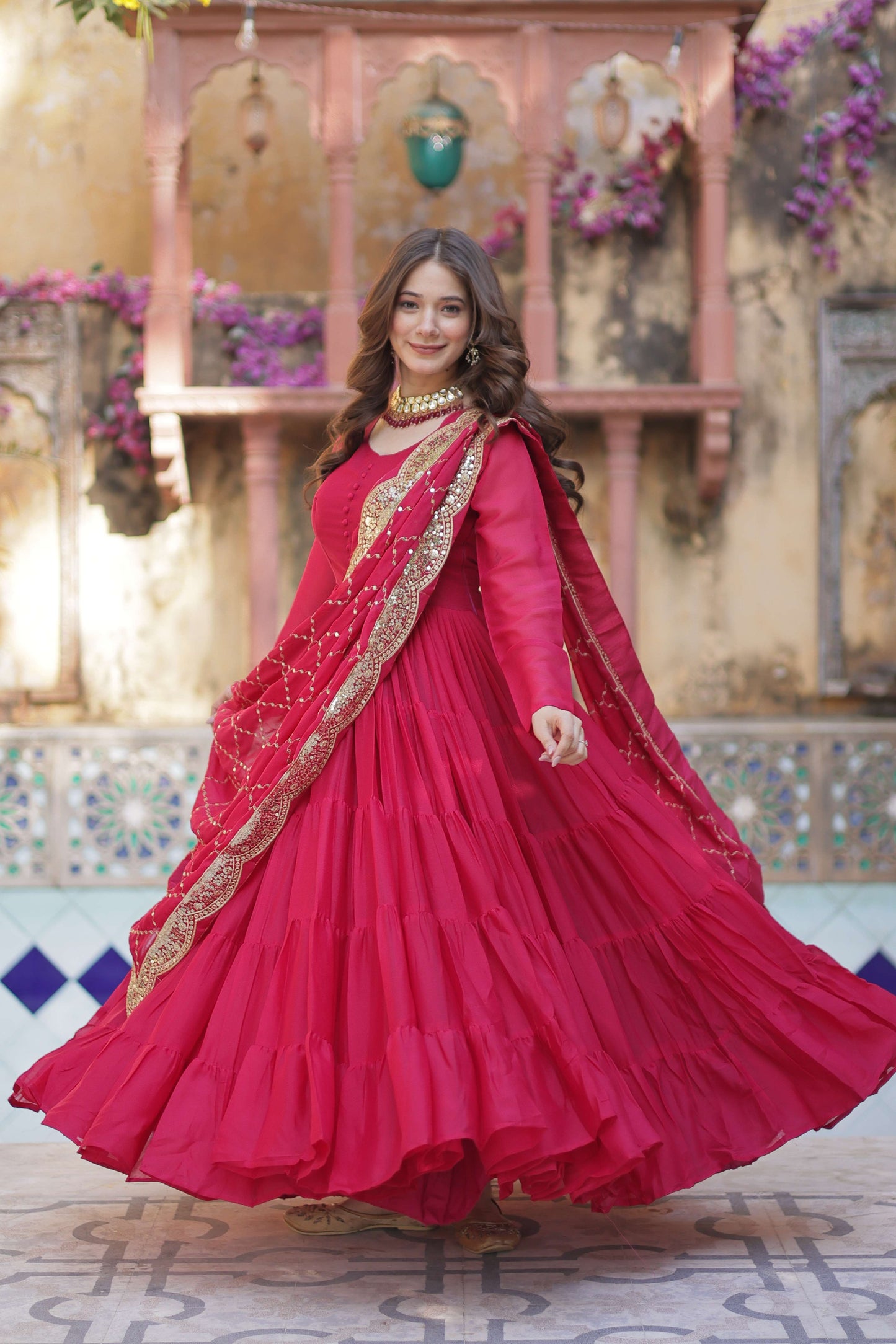 Pink Star Georgette Fully Flared Gown with Sequins Embroidered Dupatta