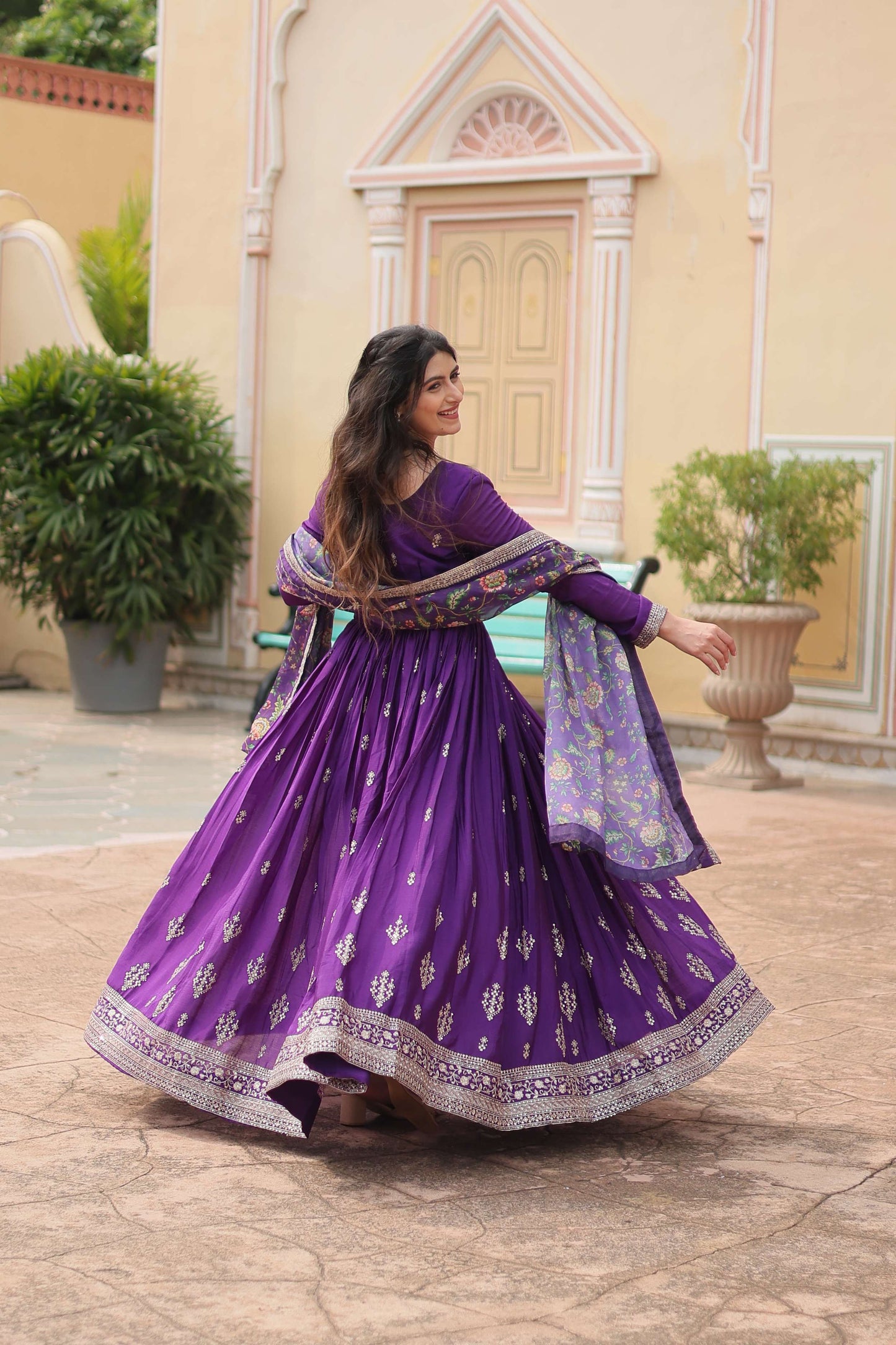 Purple Designer Chinon Sequins Embroidered Gown with Kalamkari Silk Dupatta