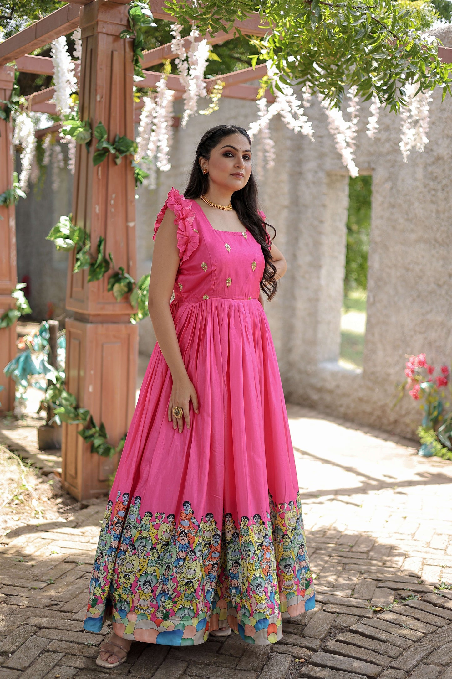 Pink Designer Dola Silk Printed Gown  Sleeveless Fancy Square Neck Ready-to-Wear Dress