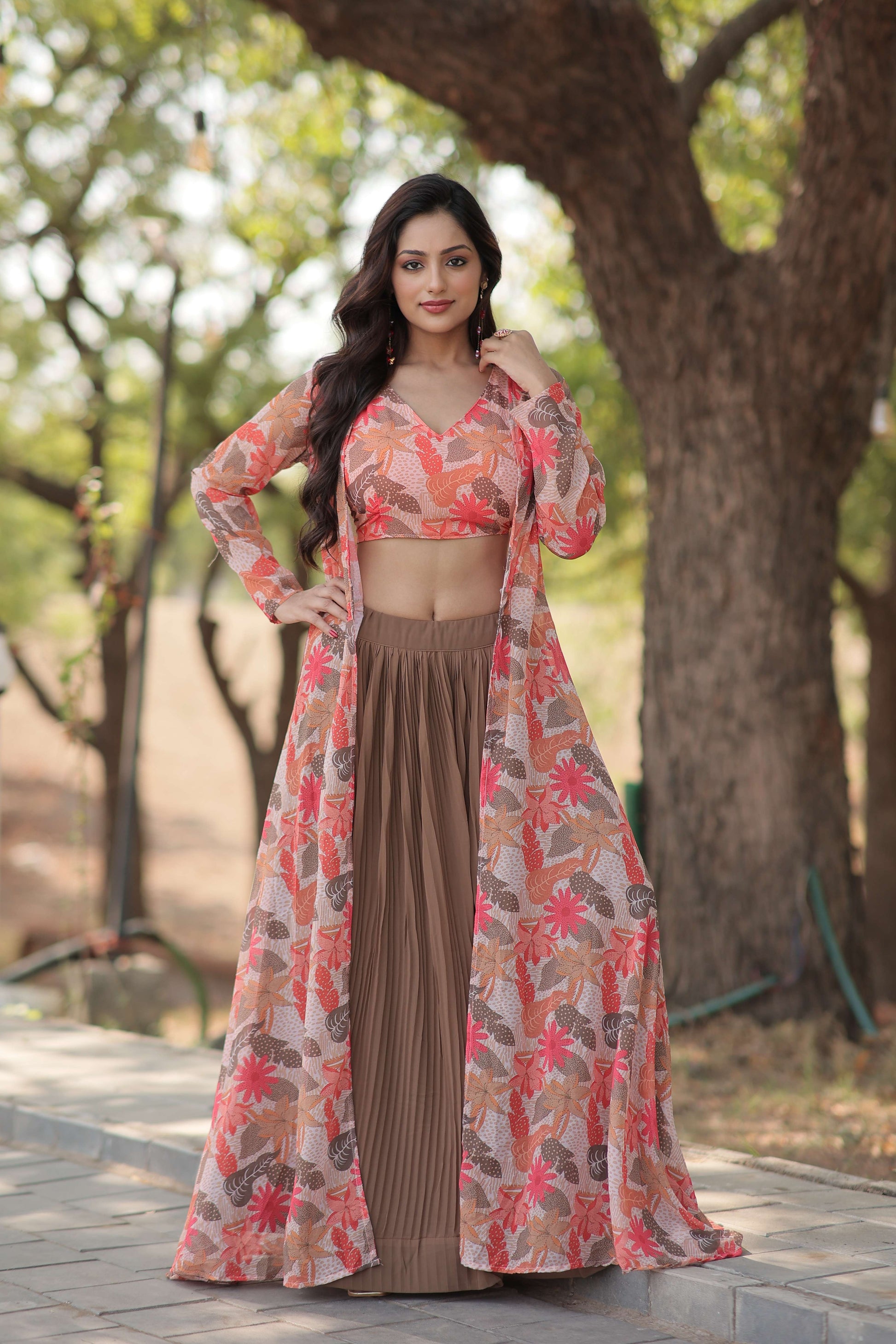 Faux Georgette Lehenga Choli with Digital Flower Print Shrug 