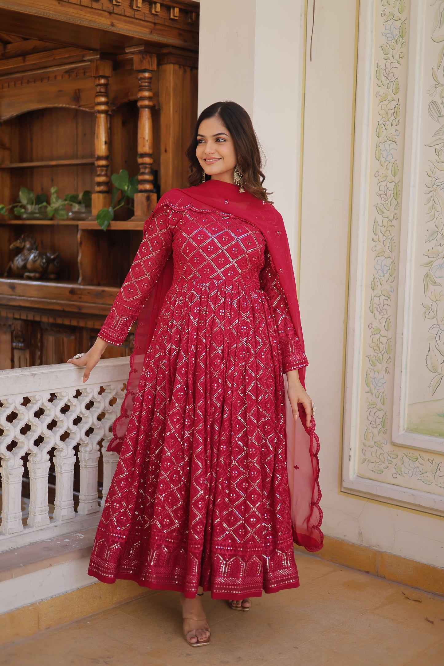 Rani Faux Blooming Designer Gown with Sequined Dupatta  Elegant Fully Flared Party & Wedding Set
