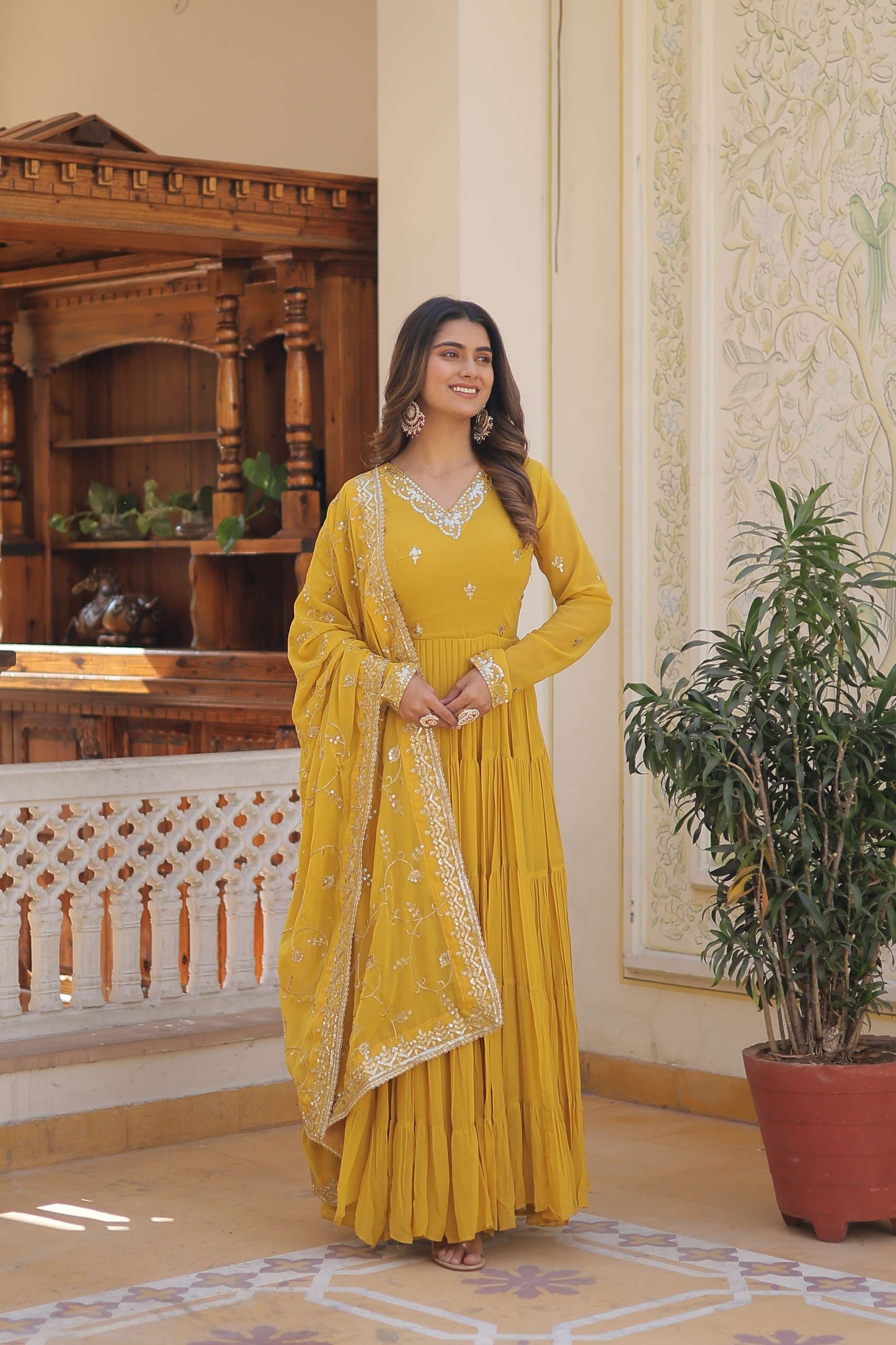 Yellow Faux Georgette Designer Gown with Sequined Dupatta  Fully Flared Elegant Party & Wedding Set