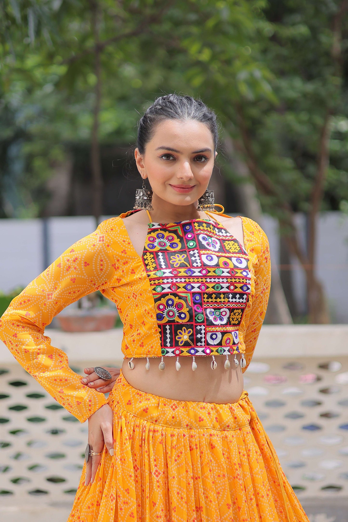 Faux Georgette Bandhej Frilled Navratri Lehenga Choli Set