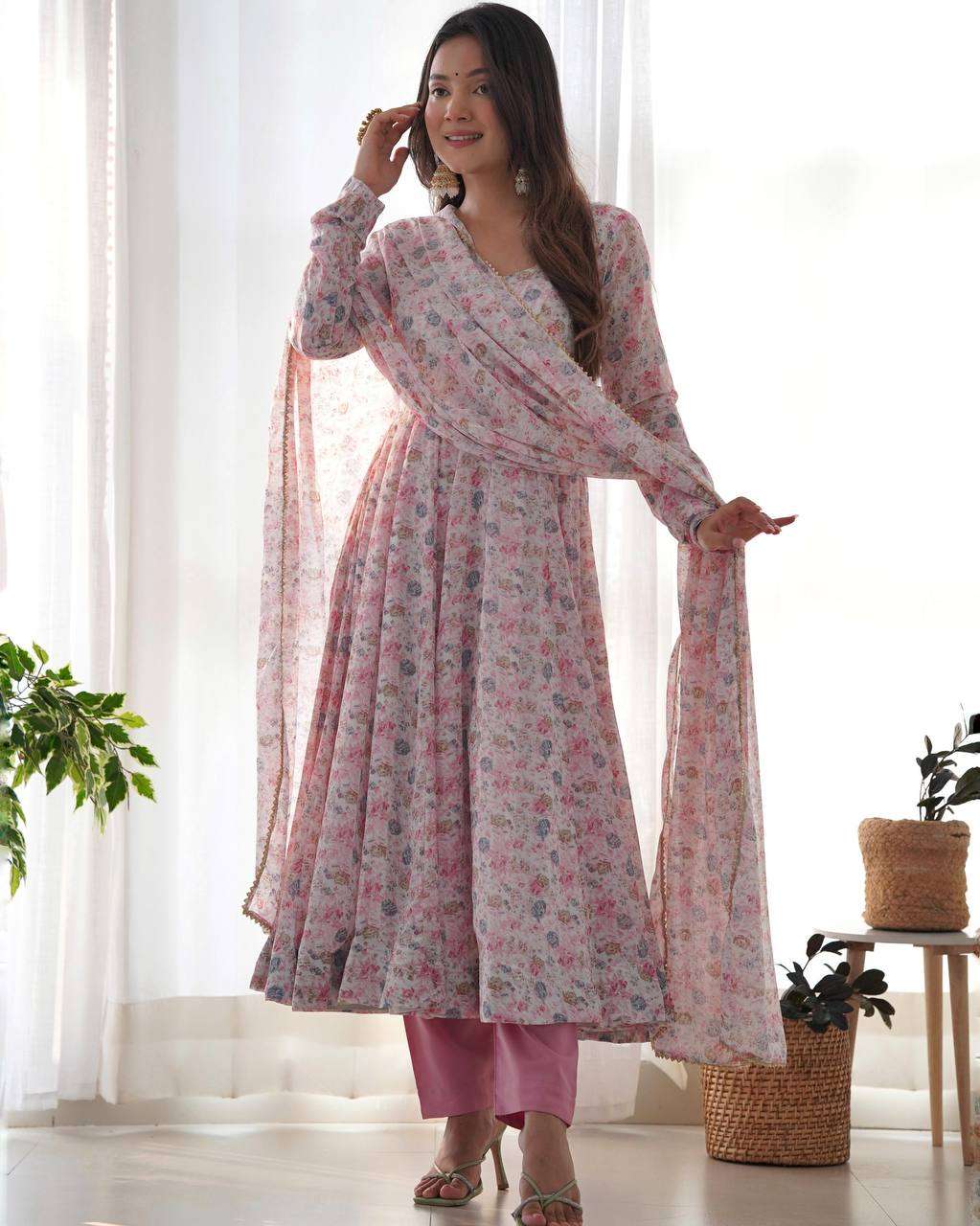 Womens Crunchy Silk Anarkali Kurti with Pant & Dupatta Set