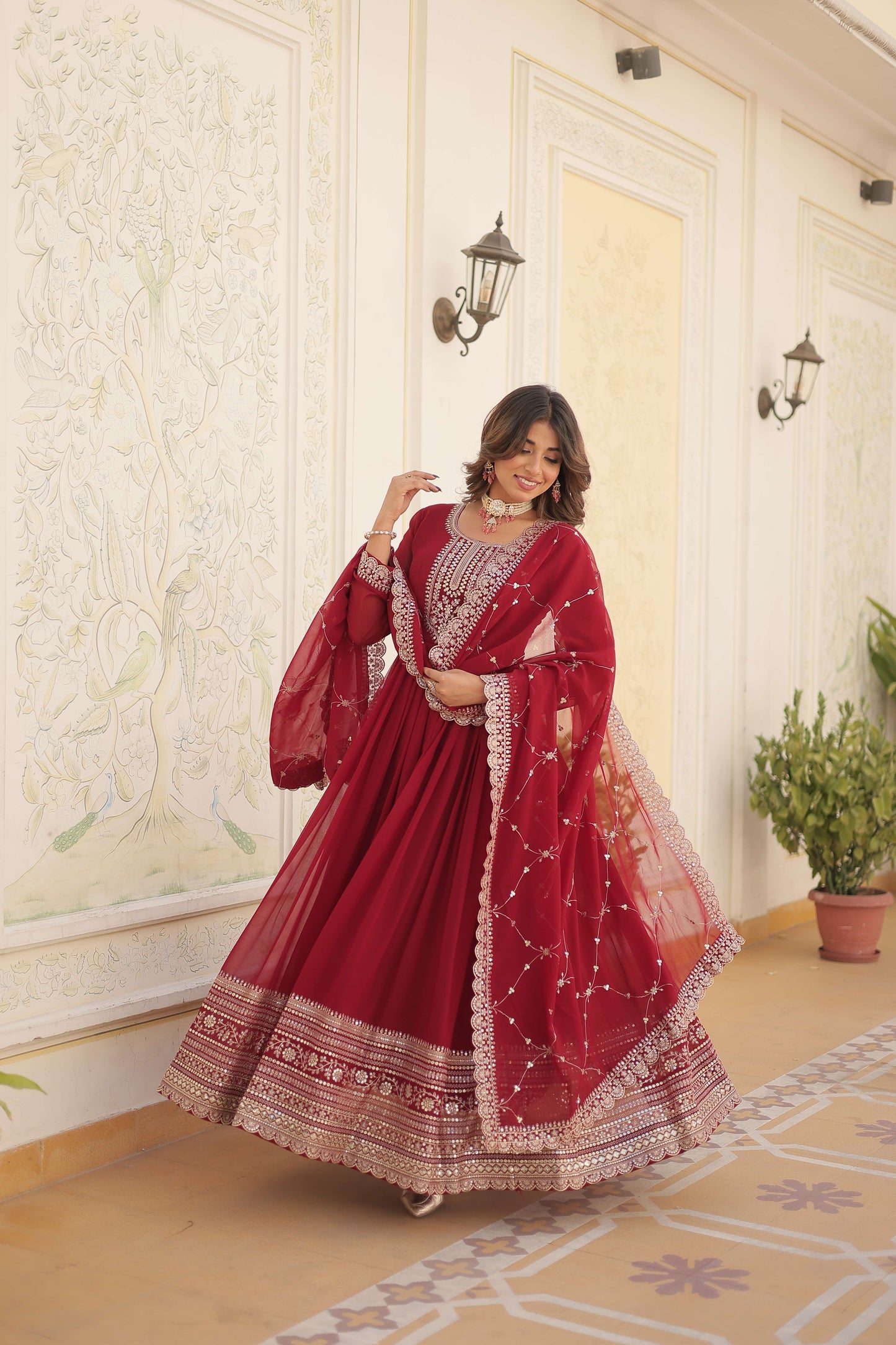Maroon Faux Blooming Sequins Embroidered Gown with Matching Dupatta  Festive & Party Wear 2024