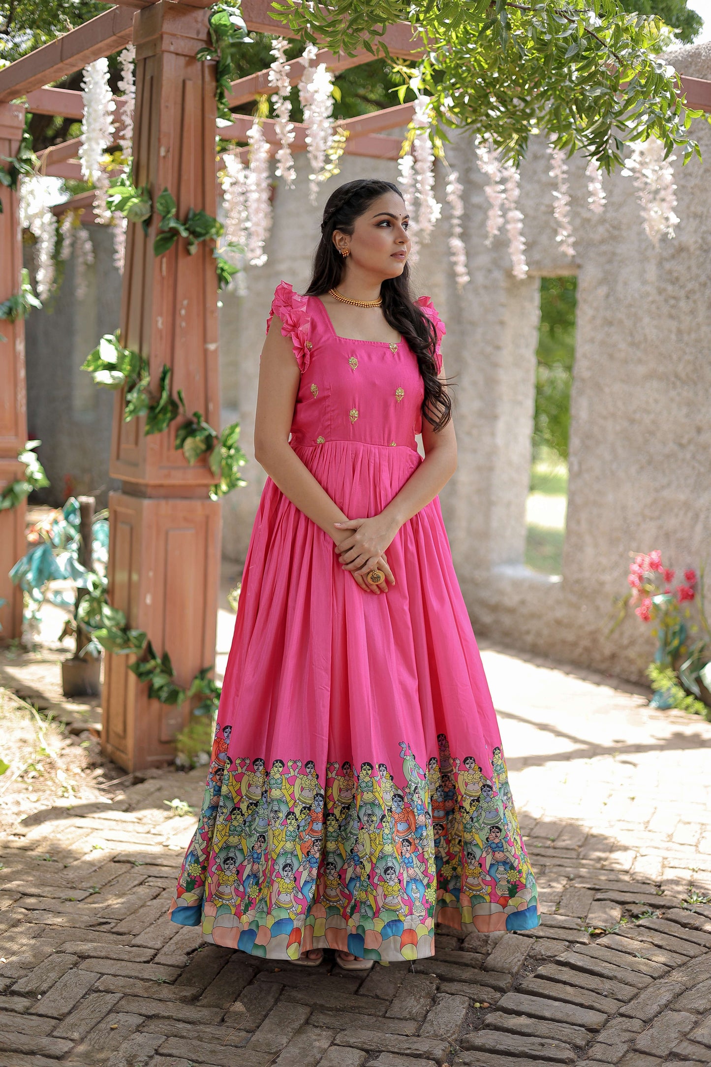 Pink Designer Dola Silk Printed Gown  Sleeveless Fancy Square Neck Ready-to-Wear Dress