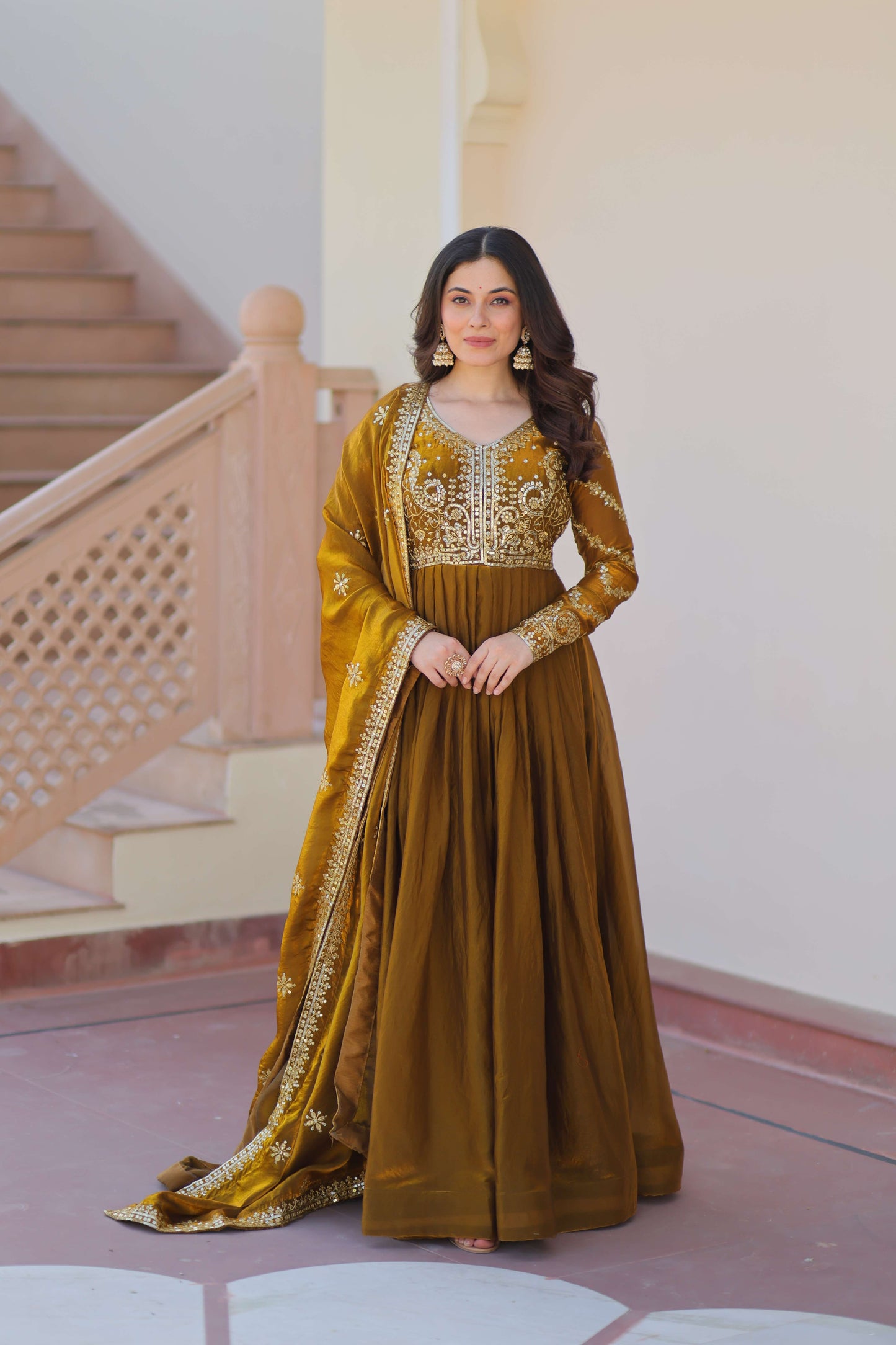 Mehandi Premium Fendy Fabric Gown with Sequins-Multi Embroidered Dupatta – Elegant Partywear