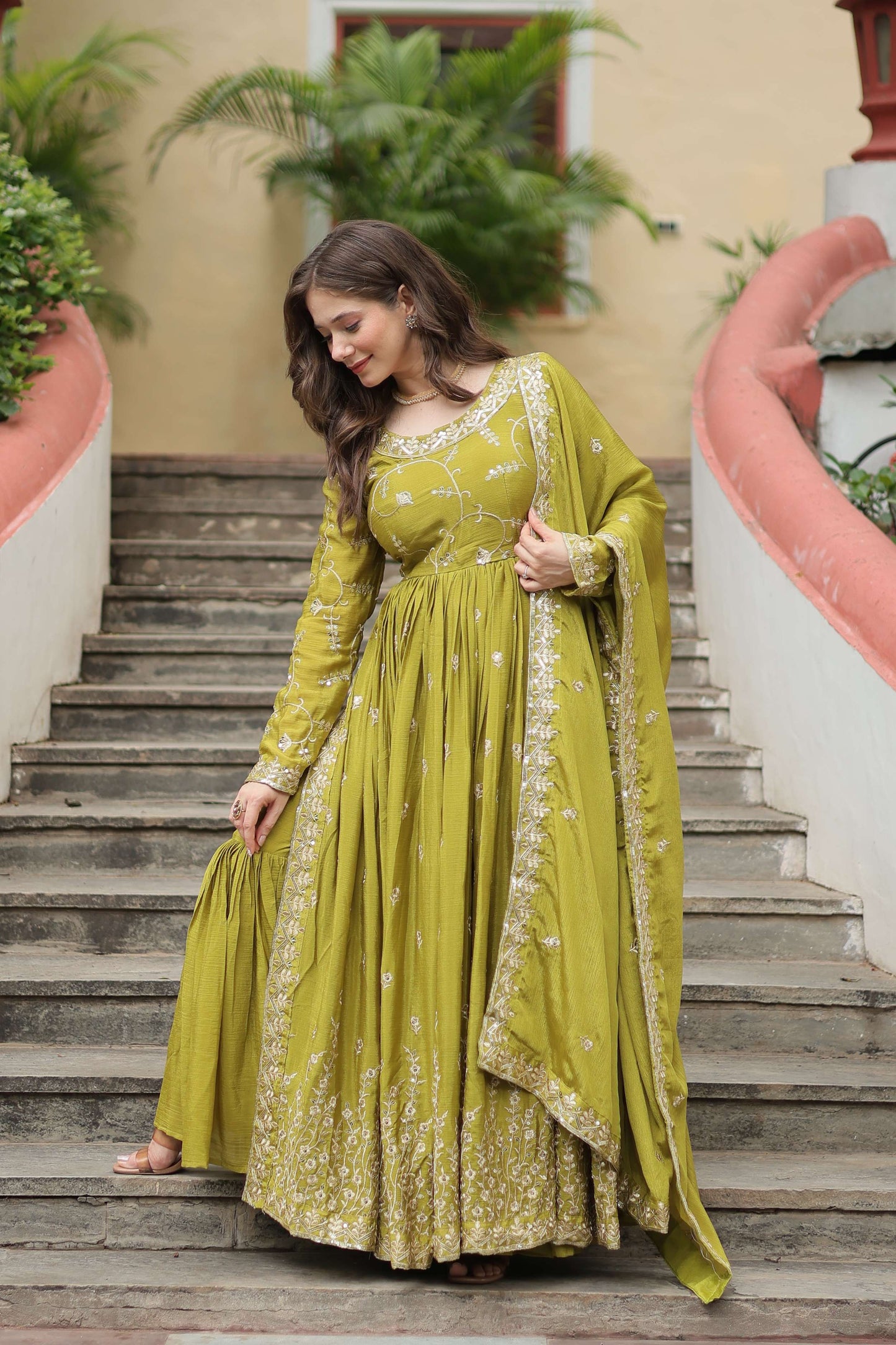 Pista Premium Chinon Sequins Embroidered Kurti with Sharara & Dupatta Set