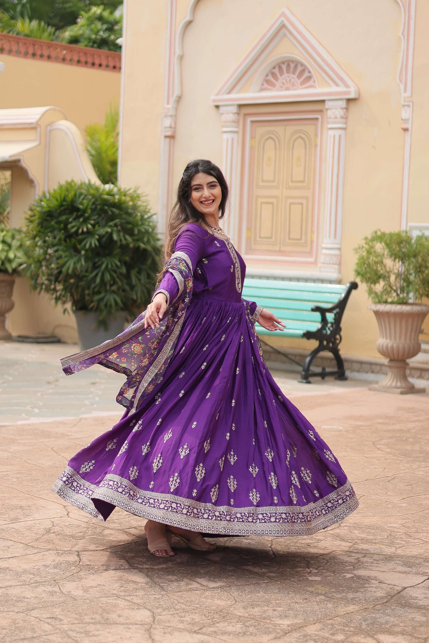 Purple Designer Chinon Sequins Embroidered Gown with Kalamkari Silk Dupatta