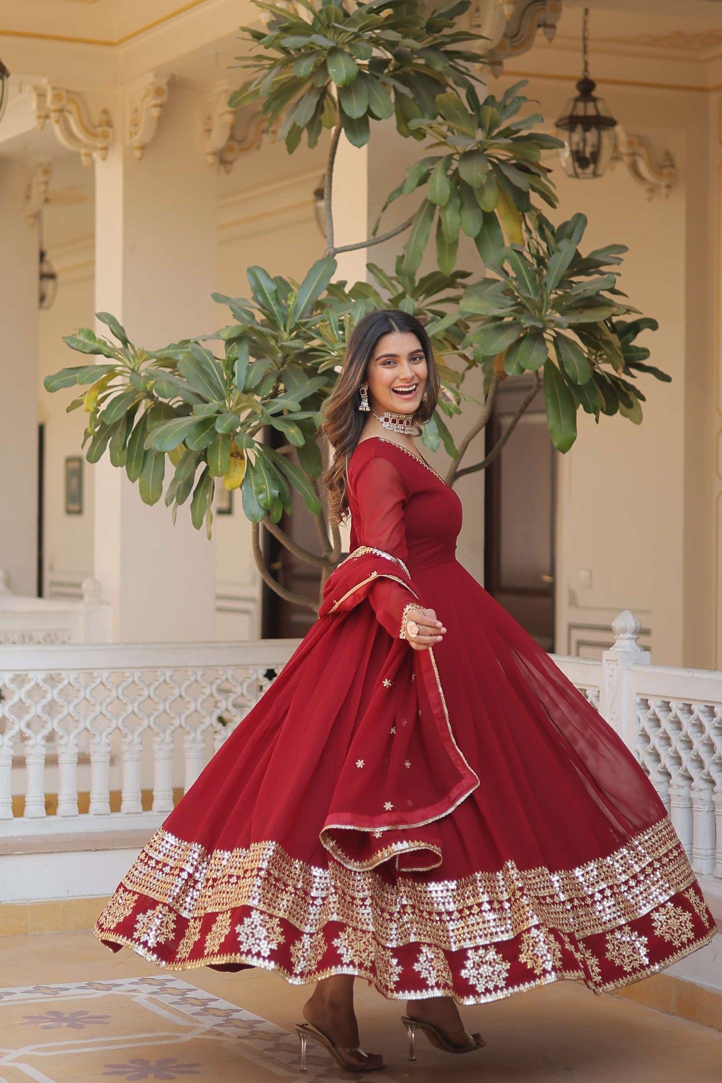 Maroon Faux Blooming Gown with Sequined Dupatta  Elegant Fully Flared Party & Wedding Set