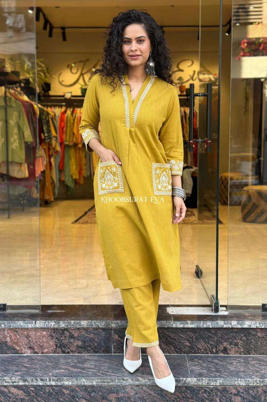 Women's Cotton Embroidery Straight Kurti With Pant Set