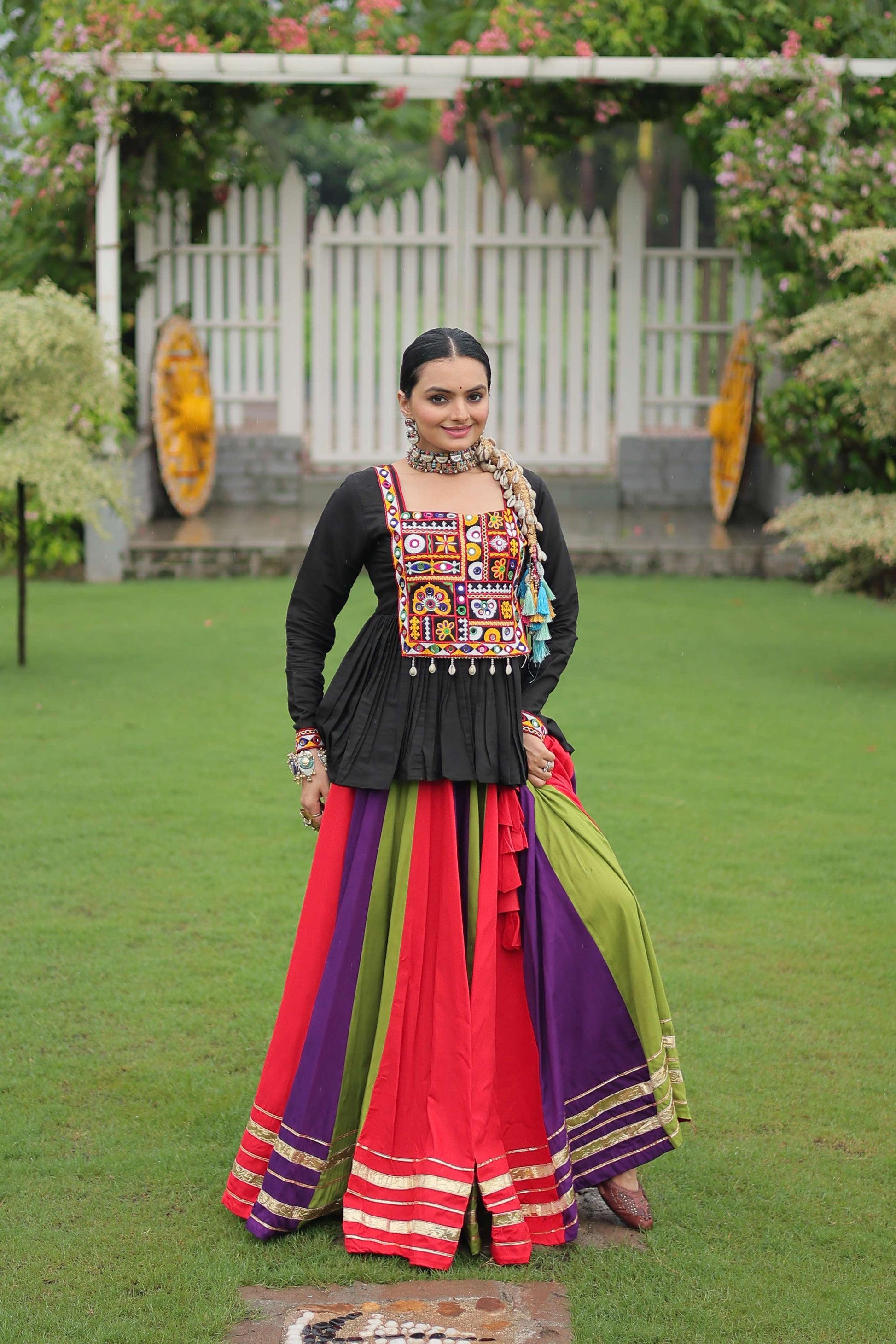 Multicolor Navratri Lehenga Choli Set with Black Peplum Top