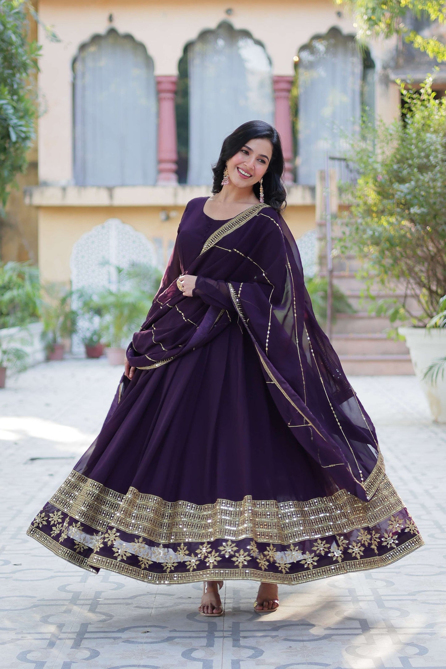 Wine Faux Blooming Gown with Multi-Sequins Embroidered Dupatta