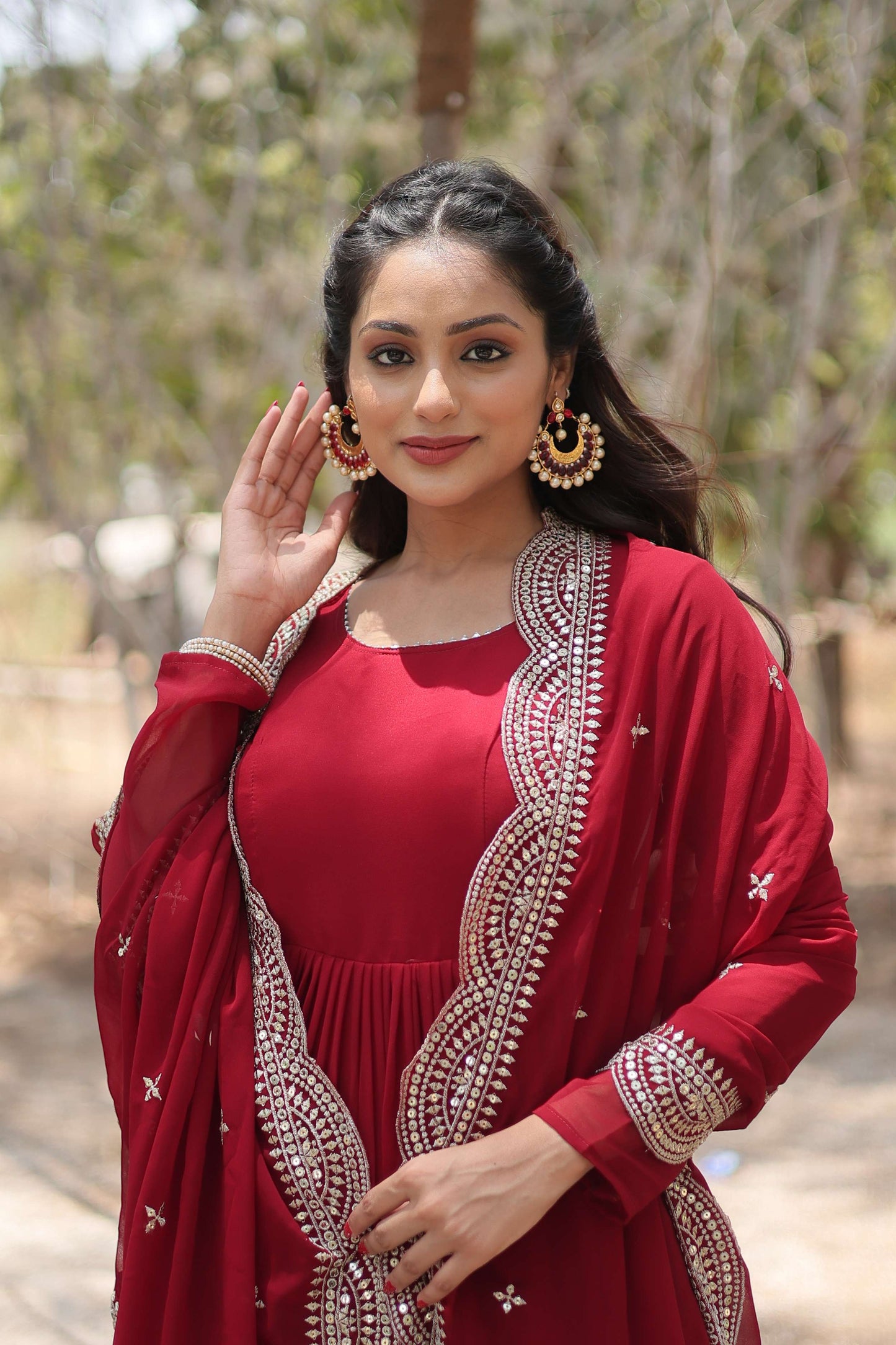 Maroon Premium Faux Georgette Designer Gown with Sequined Dupatta  Fully Flaired Ready-to-Wear Set